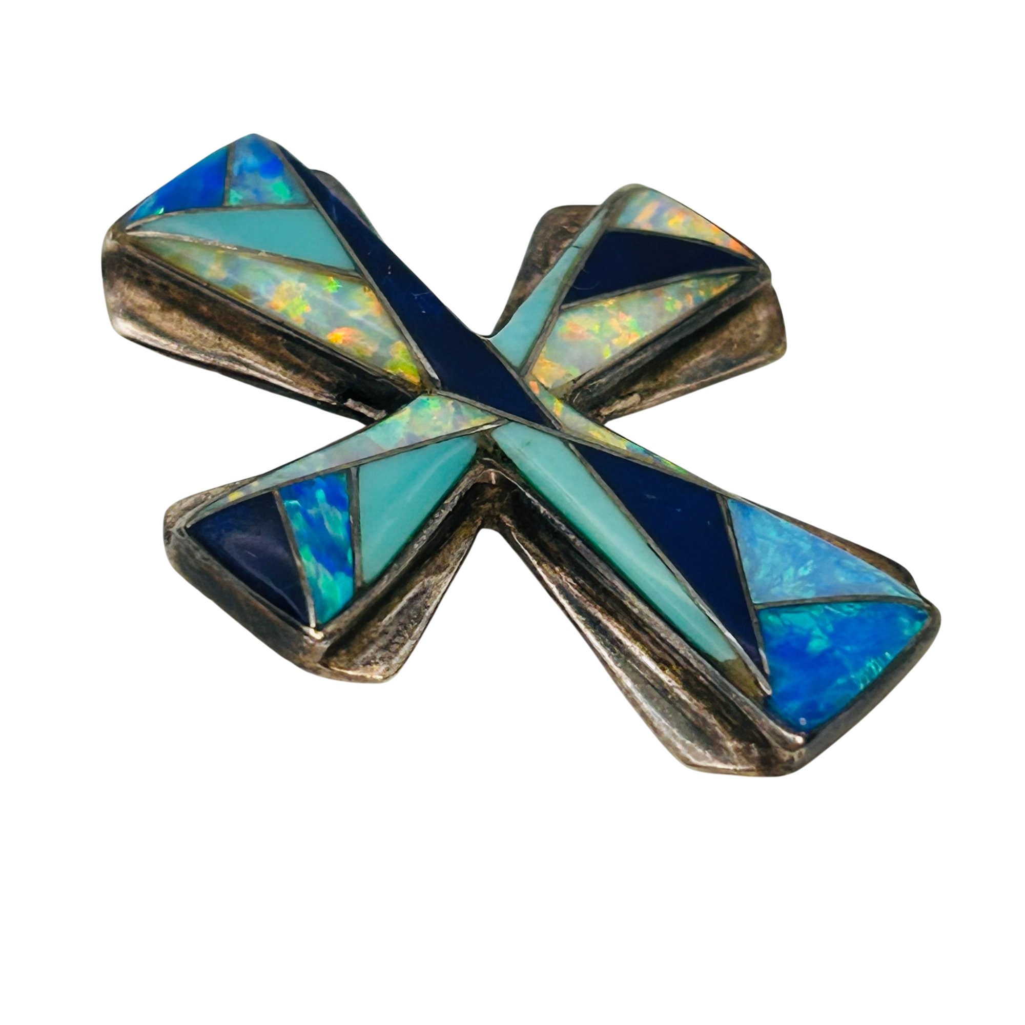 Signed Southwest Sterling Inlay Stone Cross Pendant