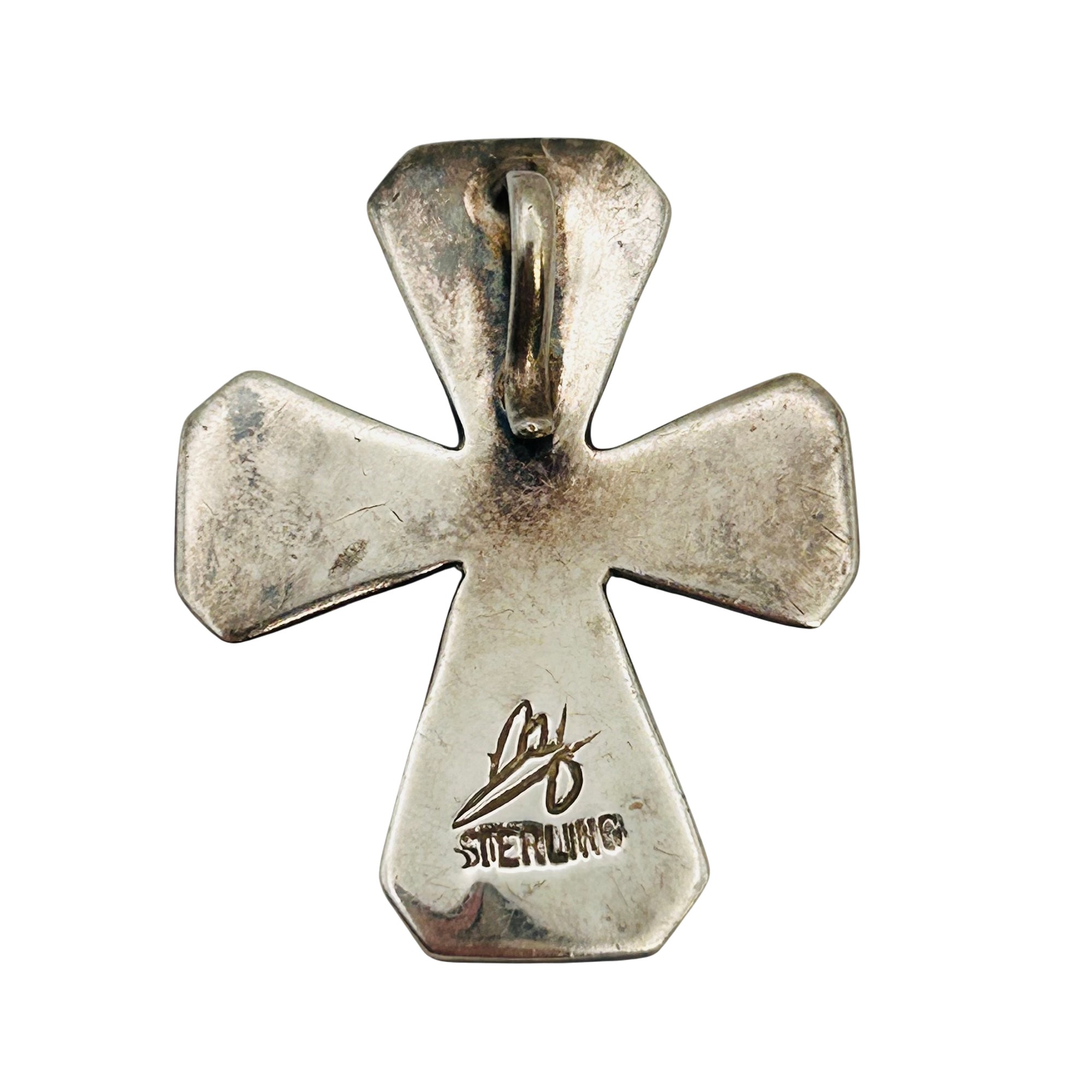 Signed Southwest Sterling Inlay Stone Cross Pendant