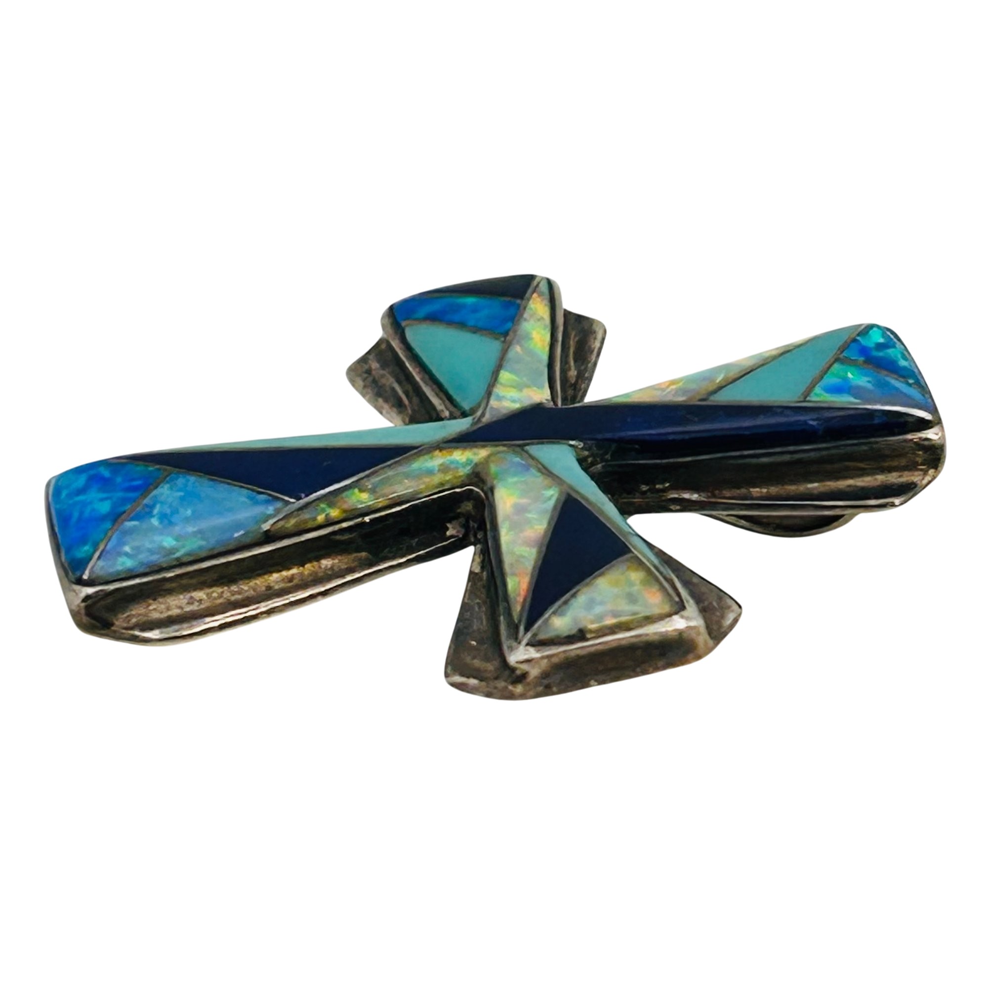 Signed Southwest Sterling Inlay Stone Cross Pendant