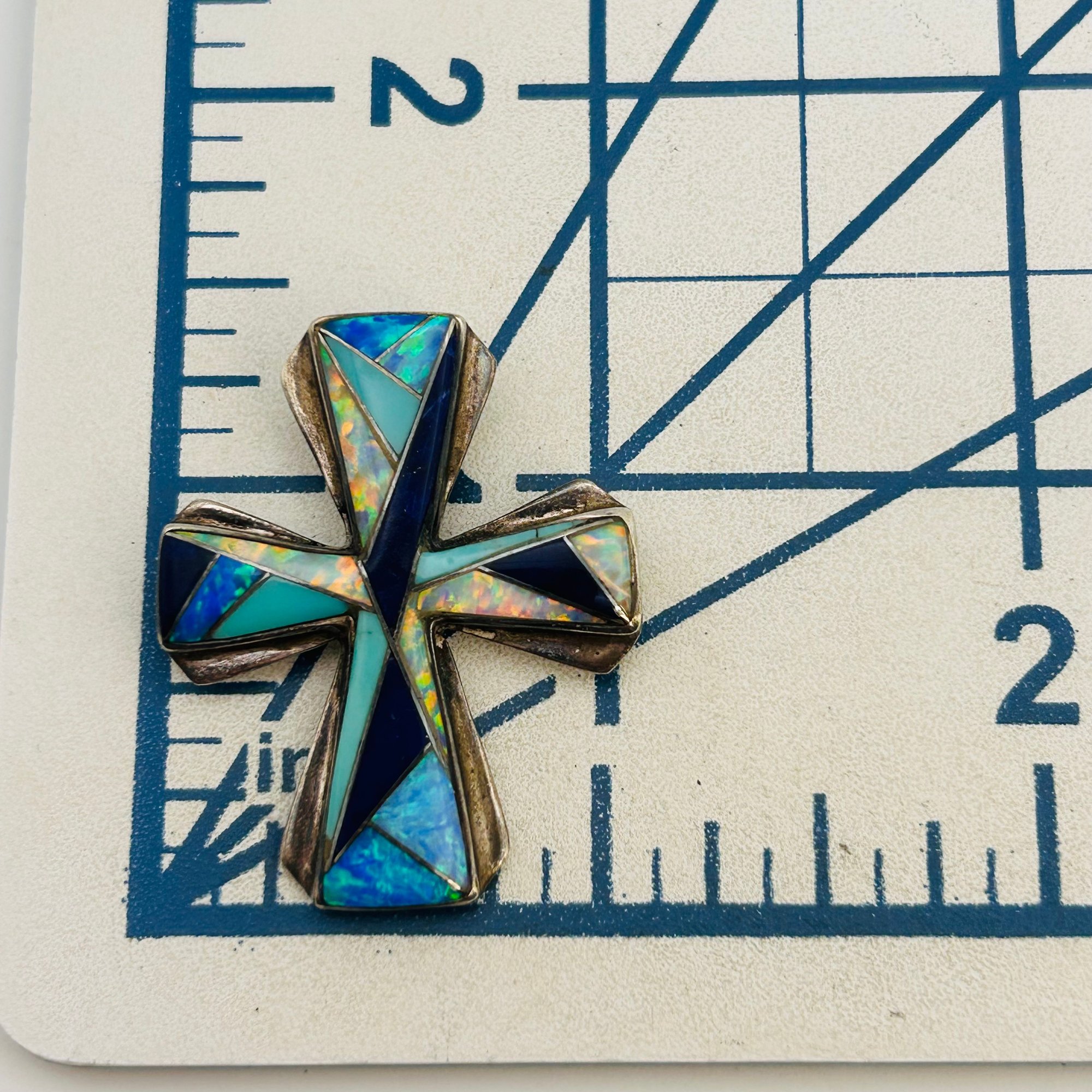 Signed Southwest Sterling Inlay Stone Cross Pendant