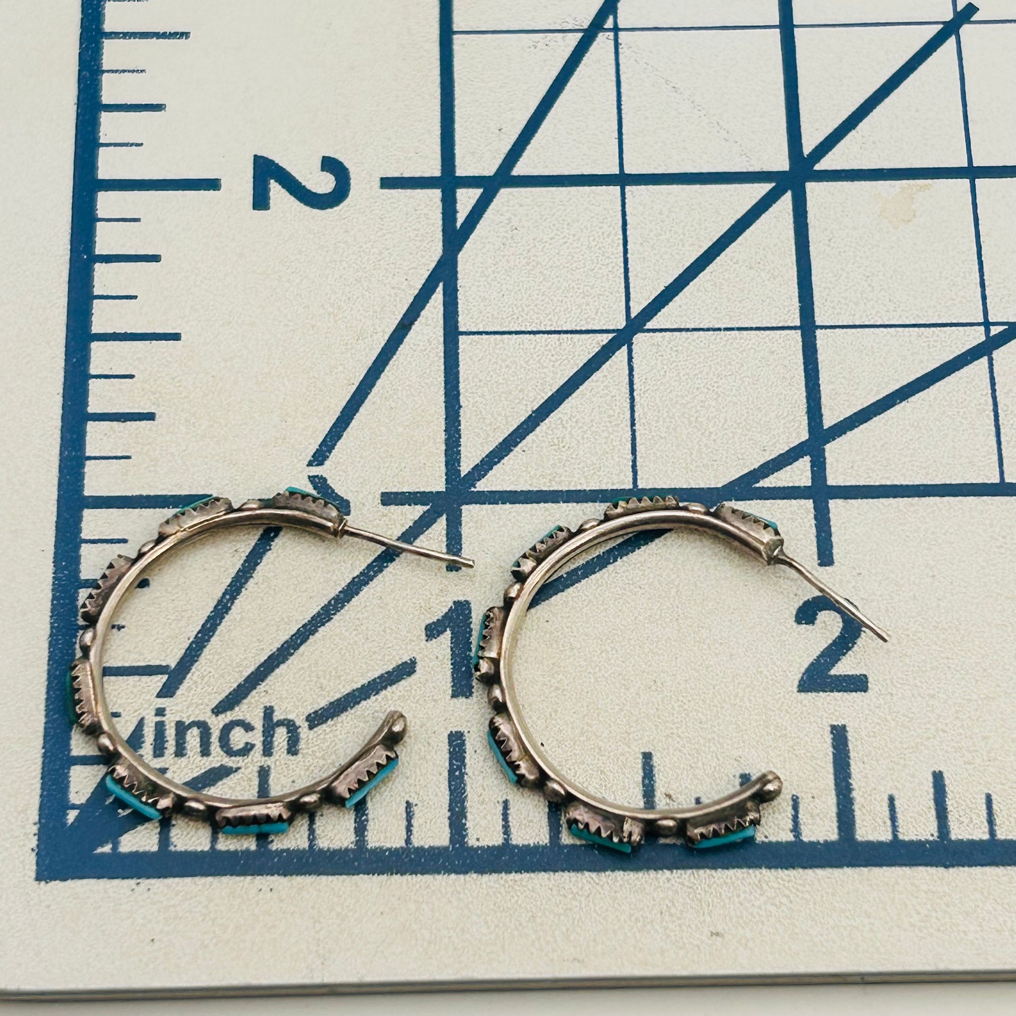 Zuni Sterling Turquoise Needlepoint Hoop Earrings