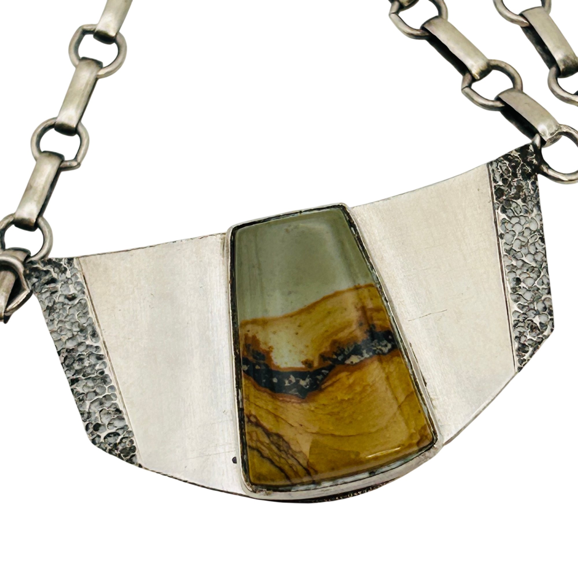 Signed Sterling Jasper Pendant Linked Chain Necklace