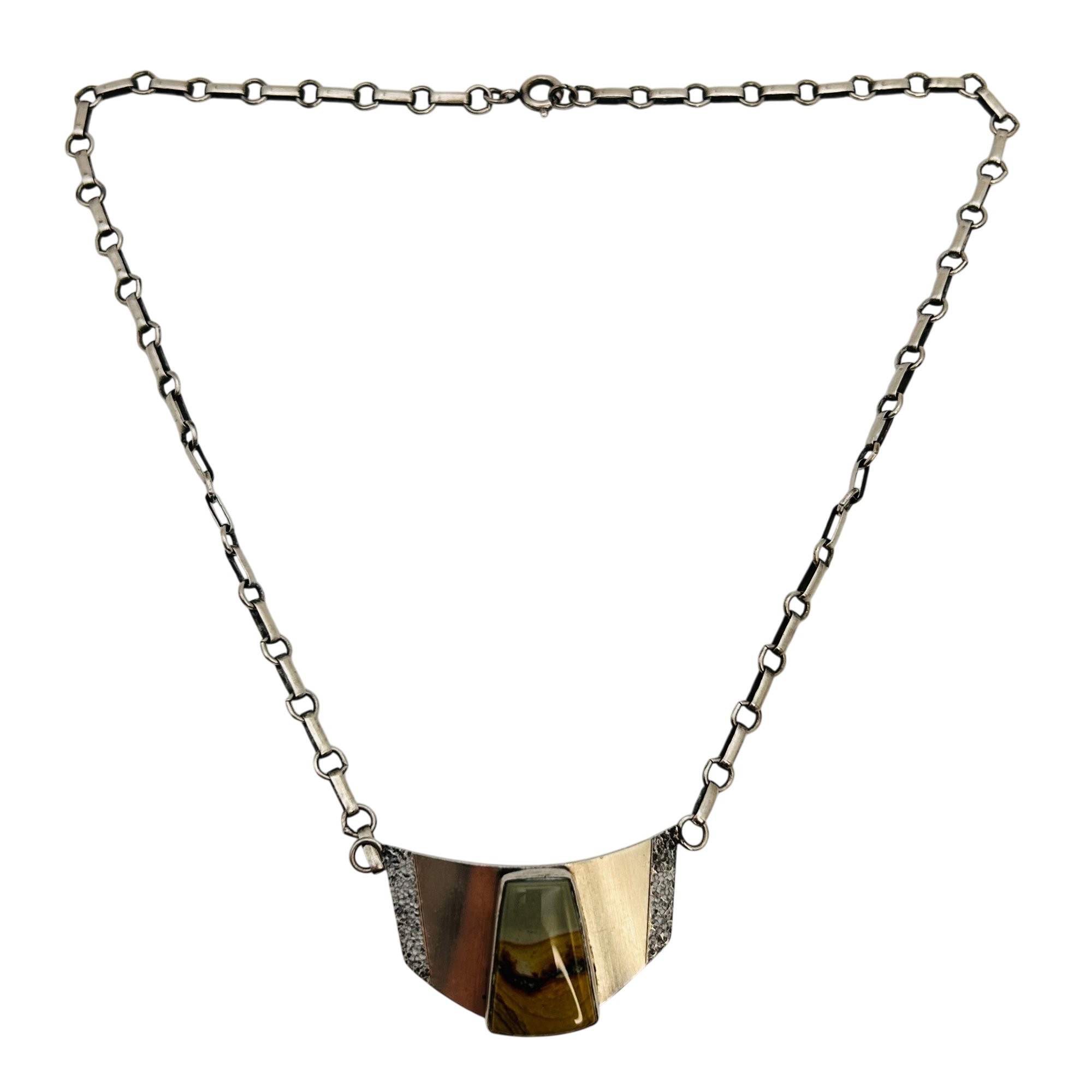 Signed Sterling Jasper Pendant Linked Chain Necklace