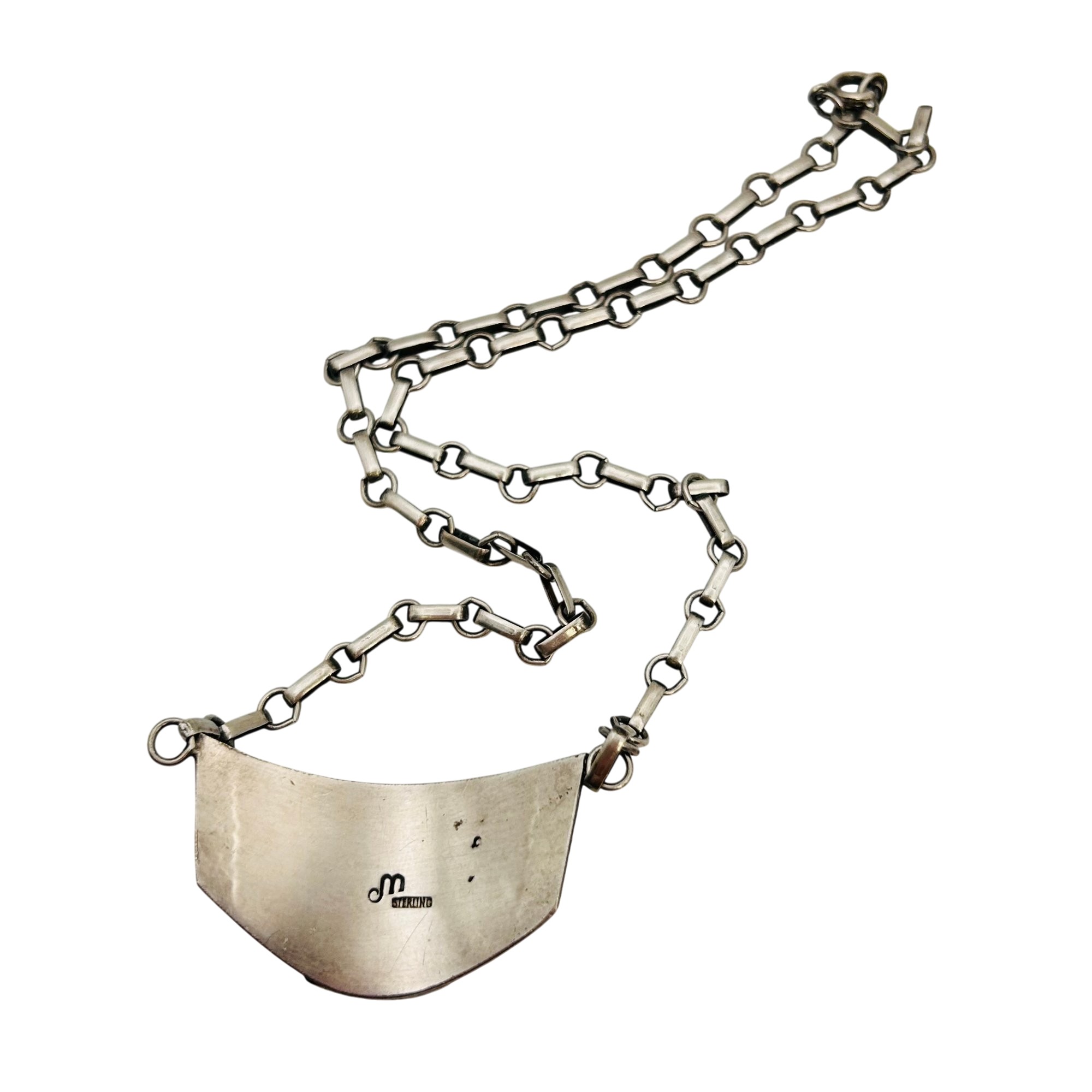 Signed Sterling Jasper Pendant Linked Chain Necklace