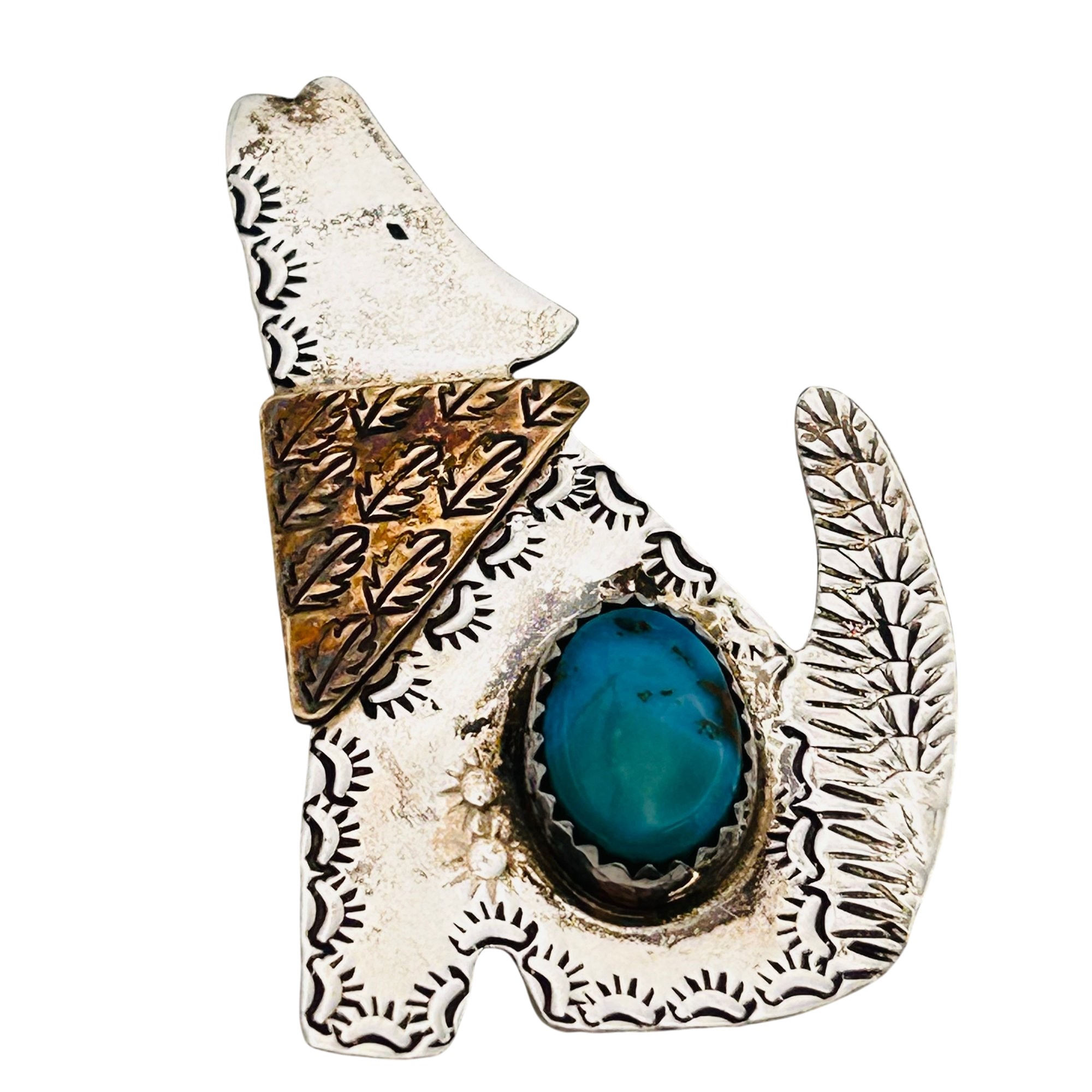 Signed Navajo Sterling Brass Accent Howling Dog Brooch