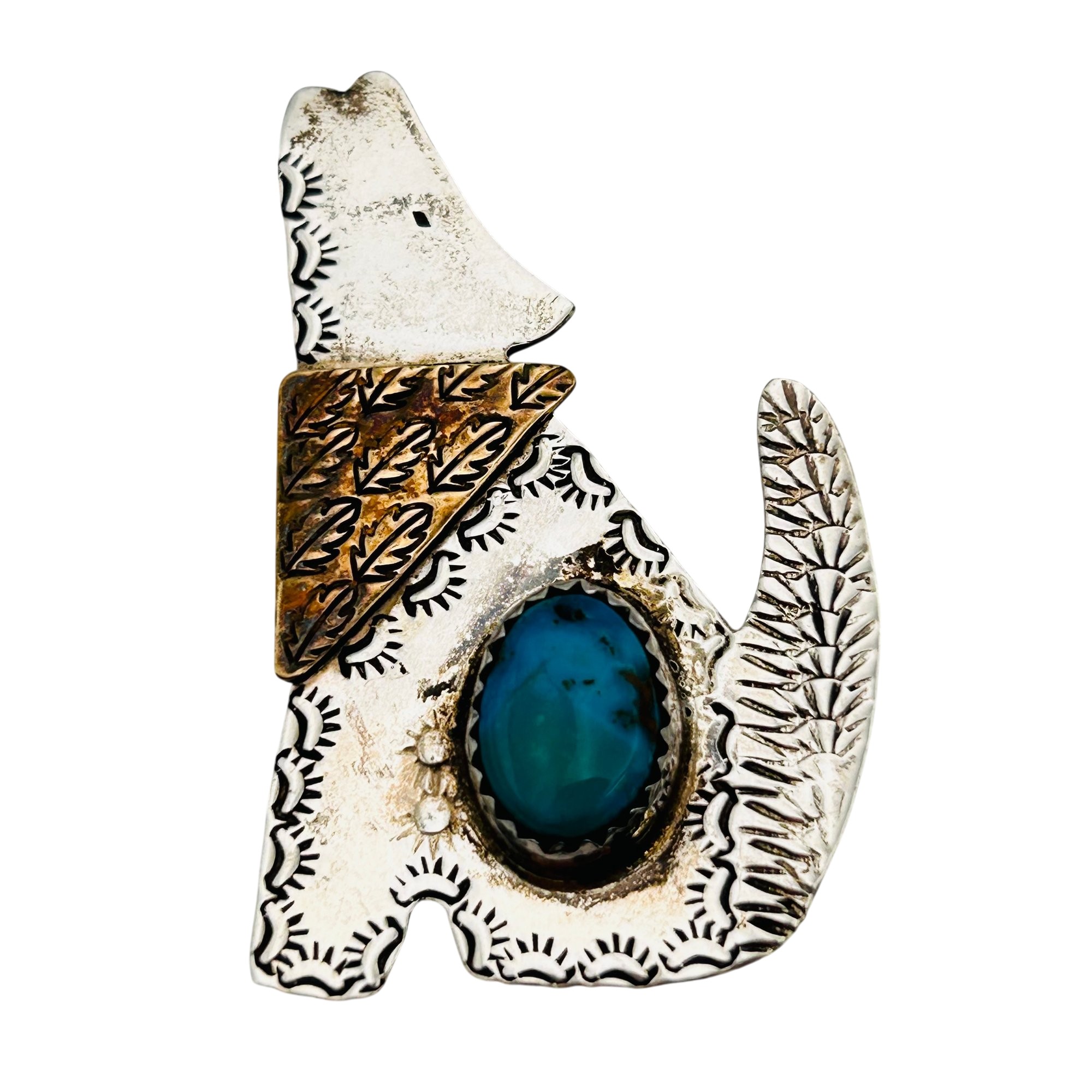 Signed Navajo Sterling Brass Accent Howling Dog Brooch