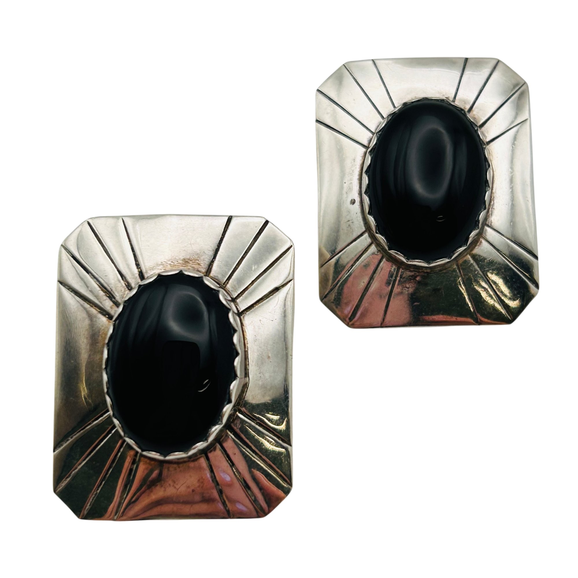 Vintage Navajo Sterling Cabochon Onyx Earrings