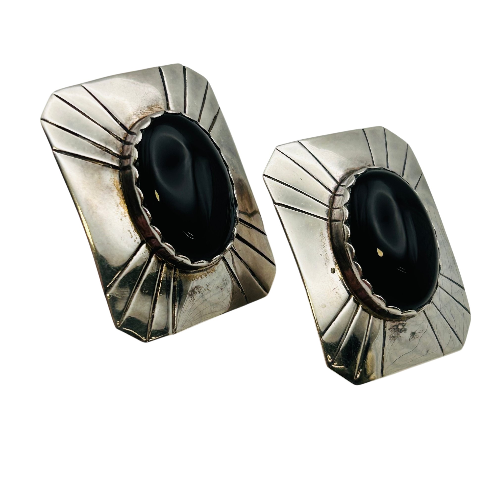 Vintage Navajo Sterling Cabochon Onyx Earrings