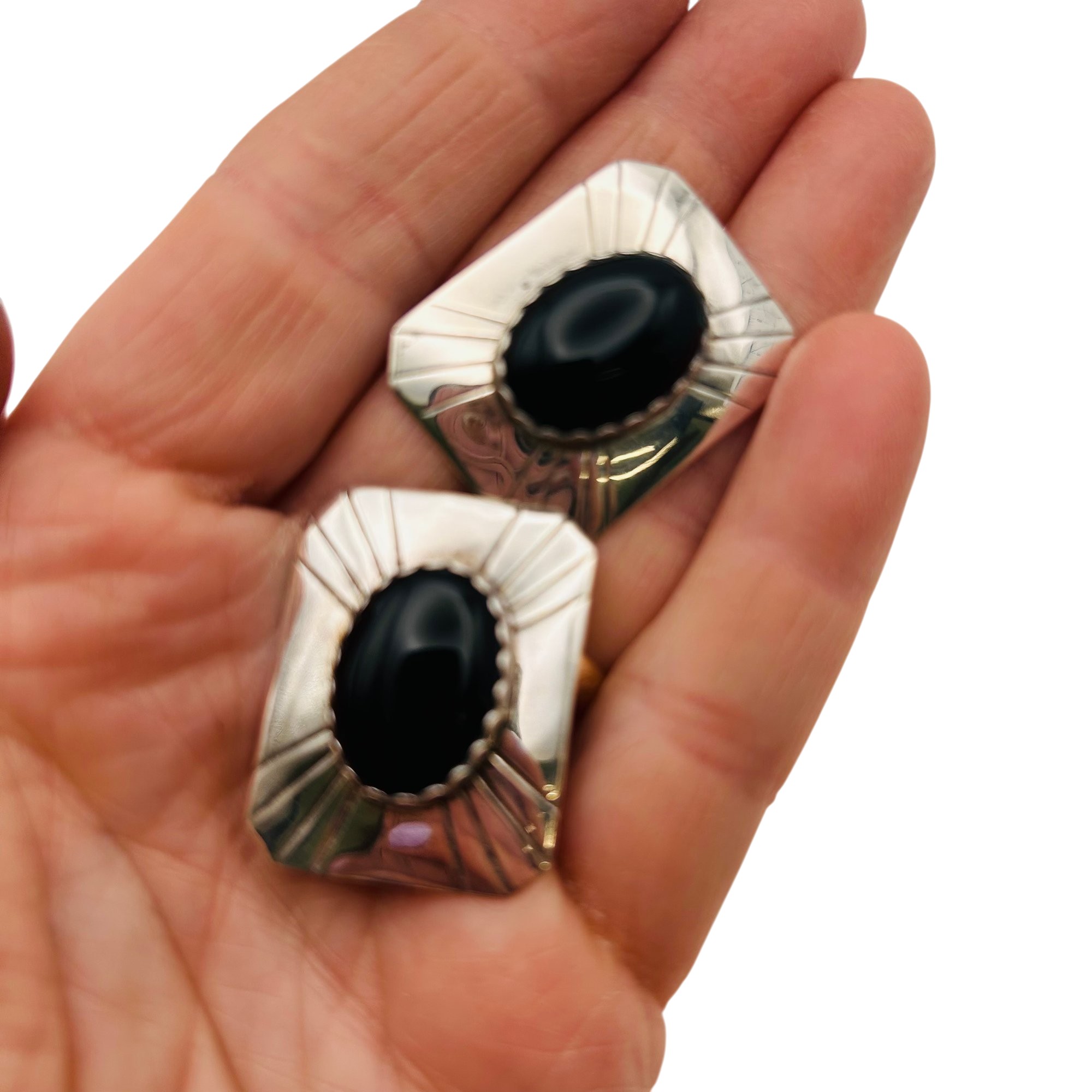 Vintage Navajo Sterling Cabochon Onyx Earrings