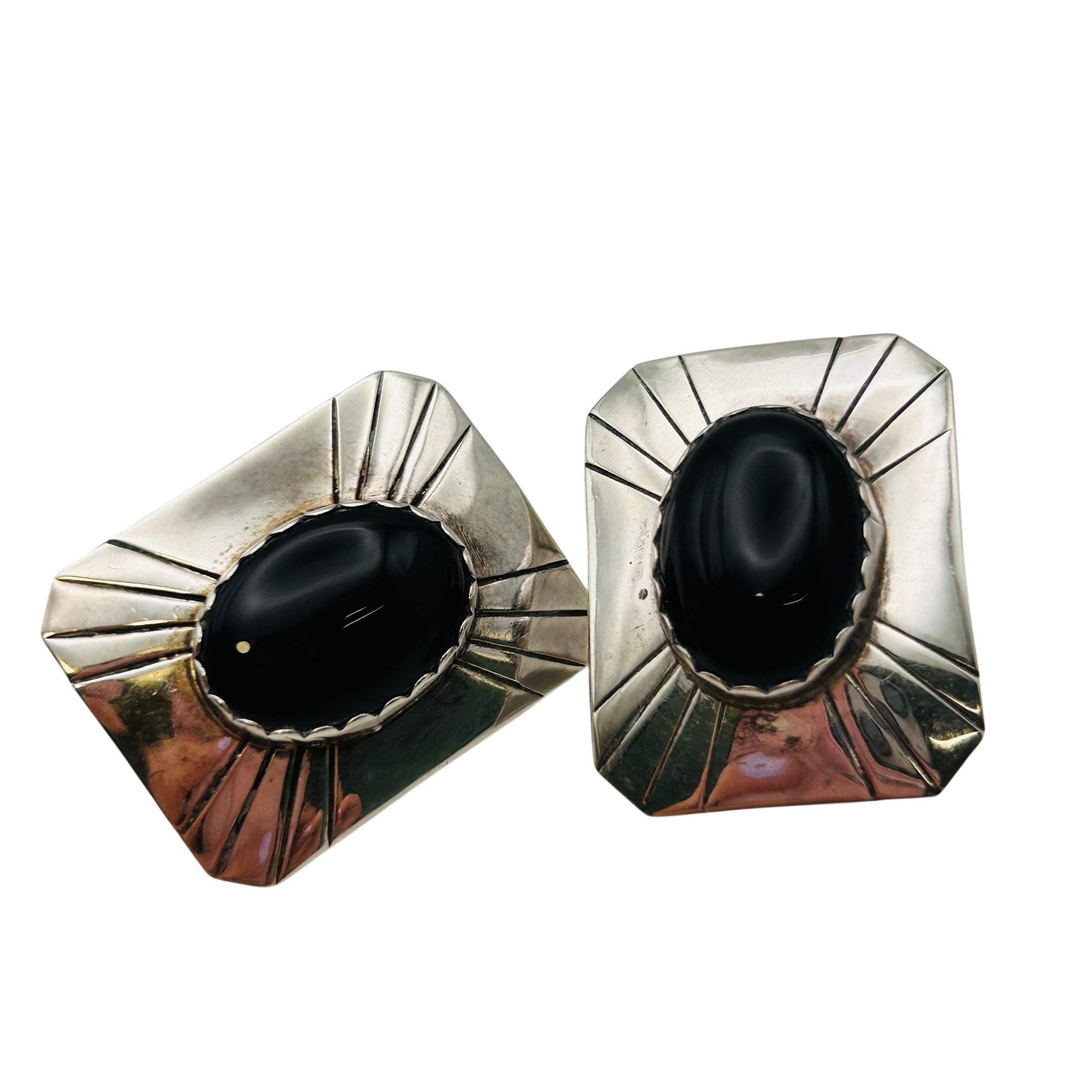 Vintage Navajo Sterling Cabochon Onyx Earrings