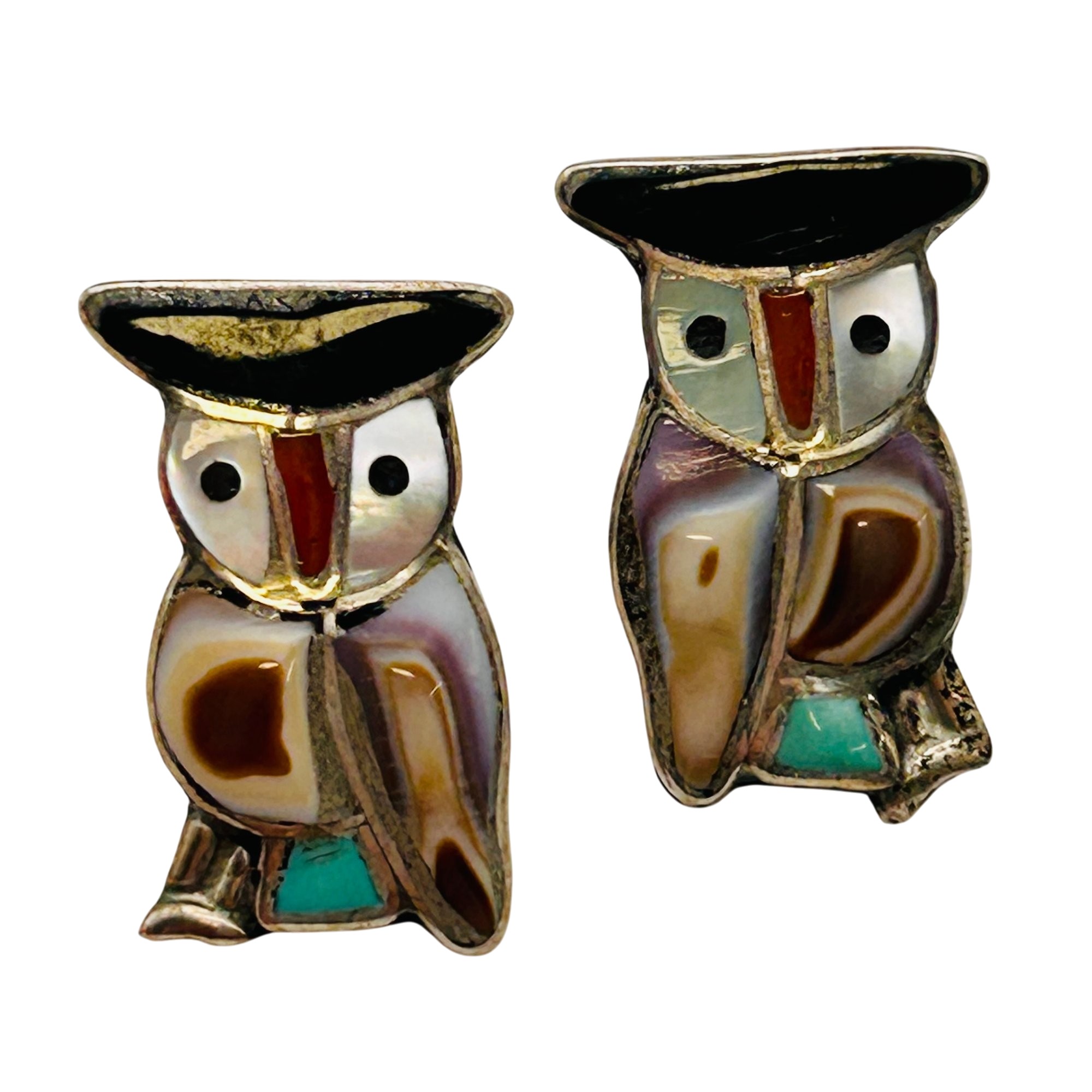 Vintage Zuni Sterling Inlay Stone Owl Earrings