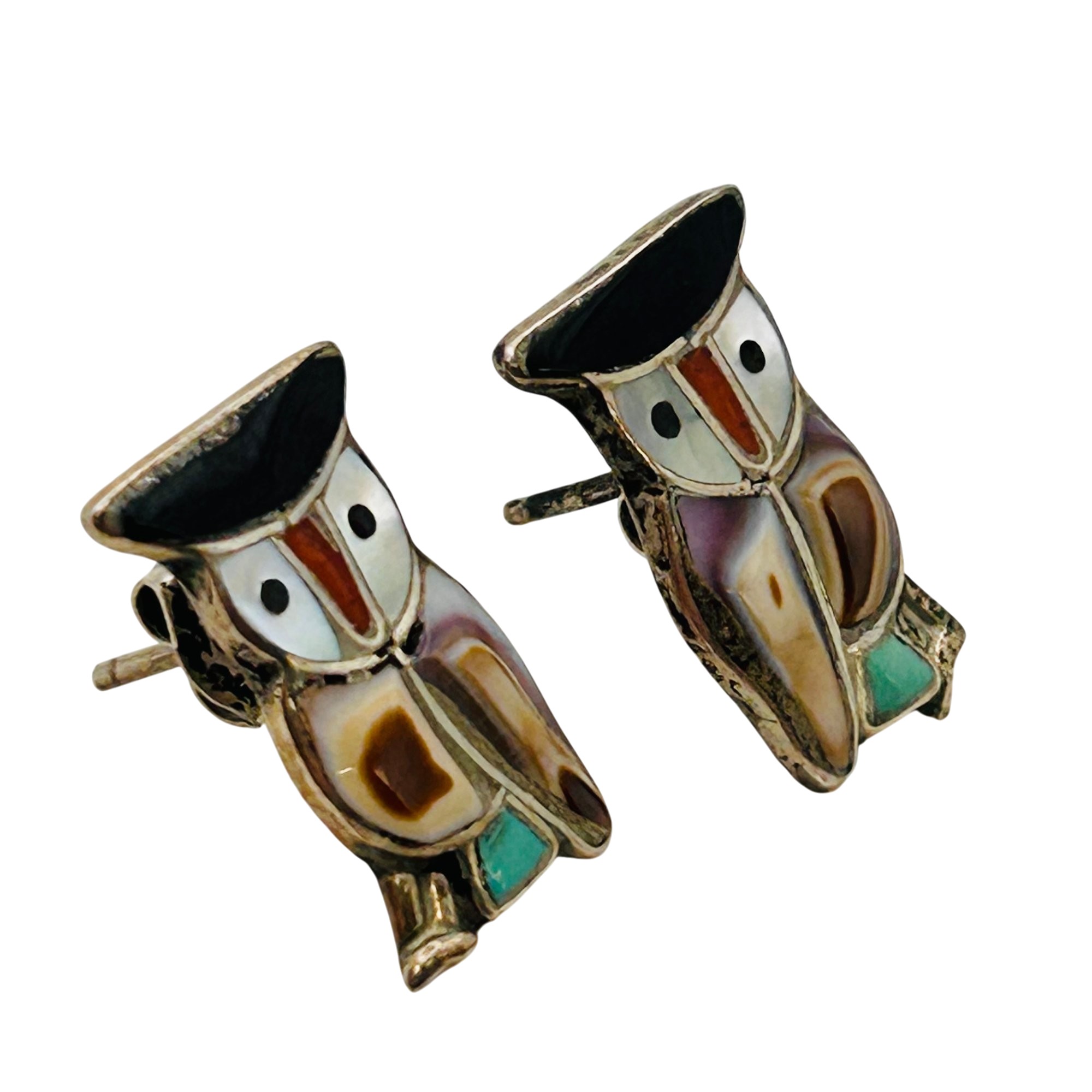 Vintage Zuni Sterling Inlay Stone Owl Earrings