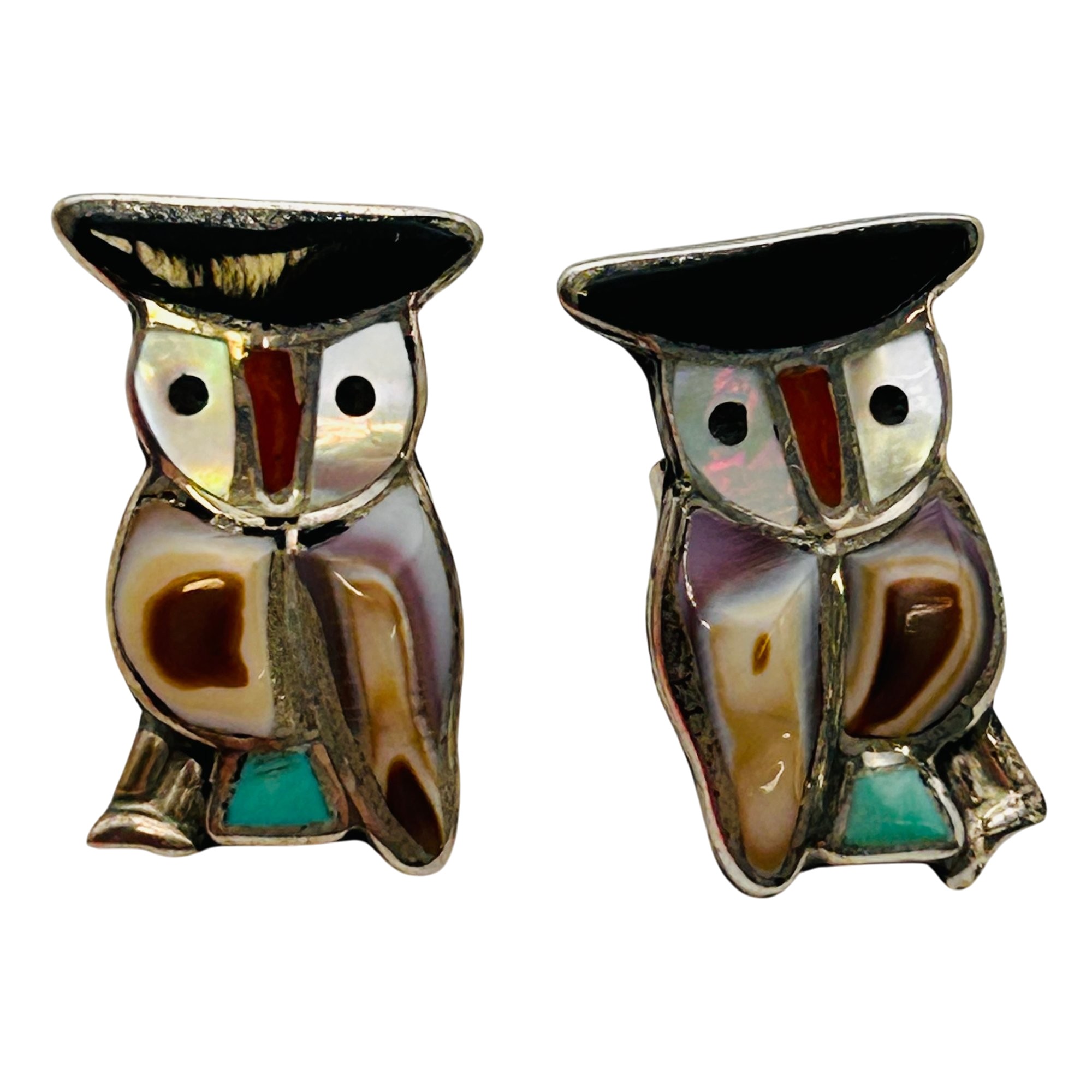 Vintage Zuni Sterling Inlay Stone Owl Earrings