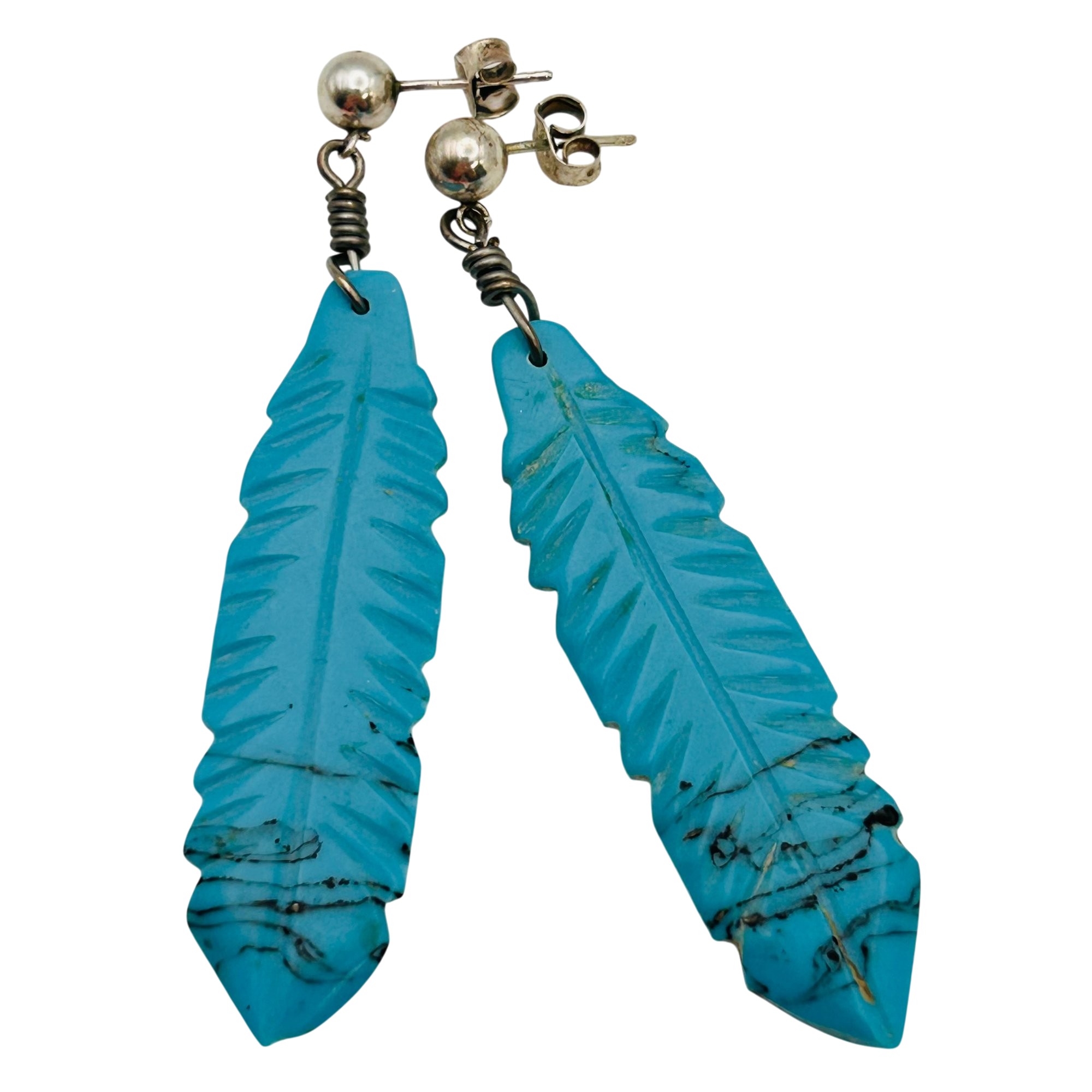 Southwest Sterling Carved Block Turquoise Earrings