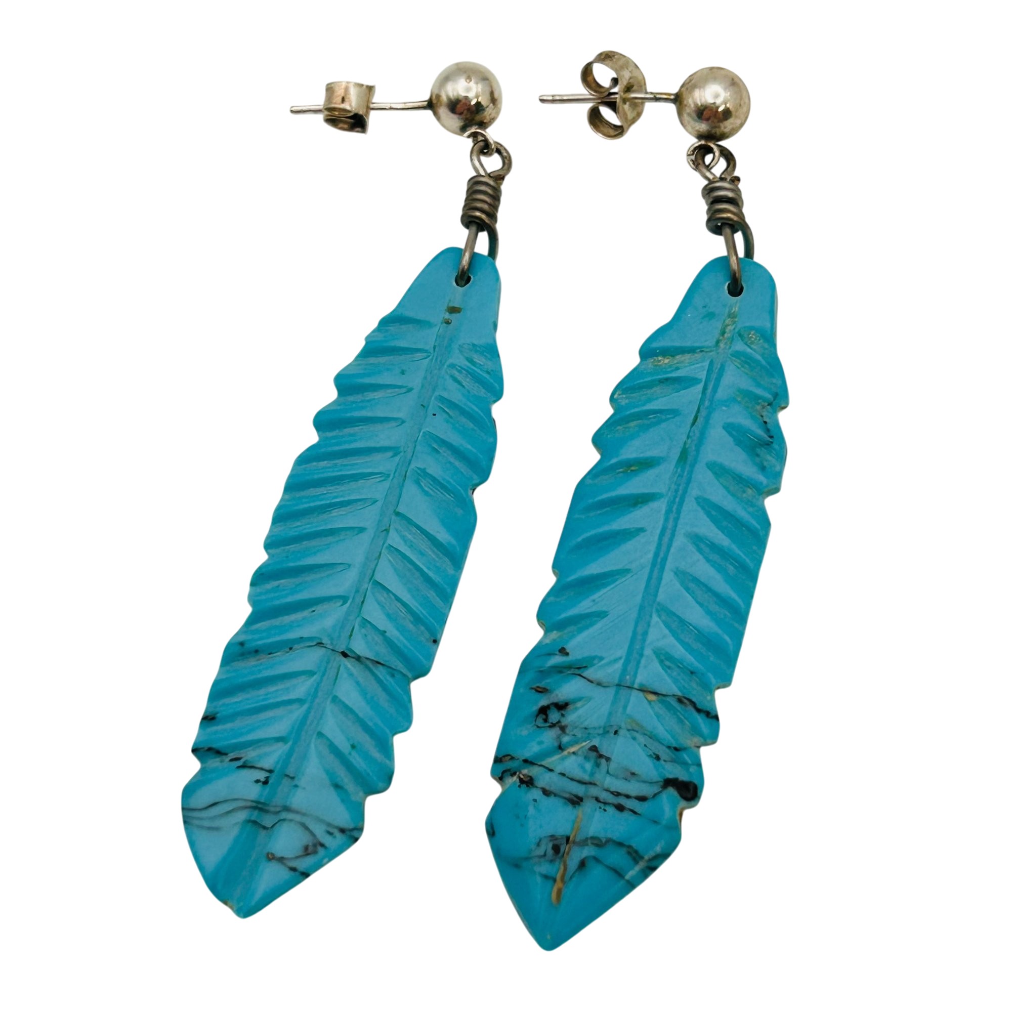 Southwest Sterling Carved Block Turquoise Earrings