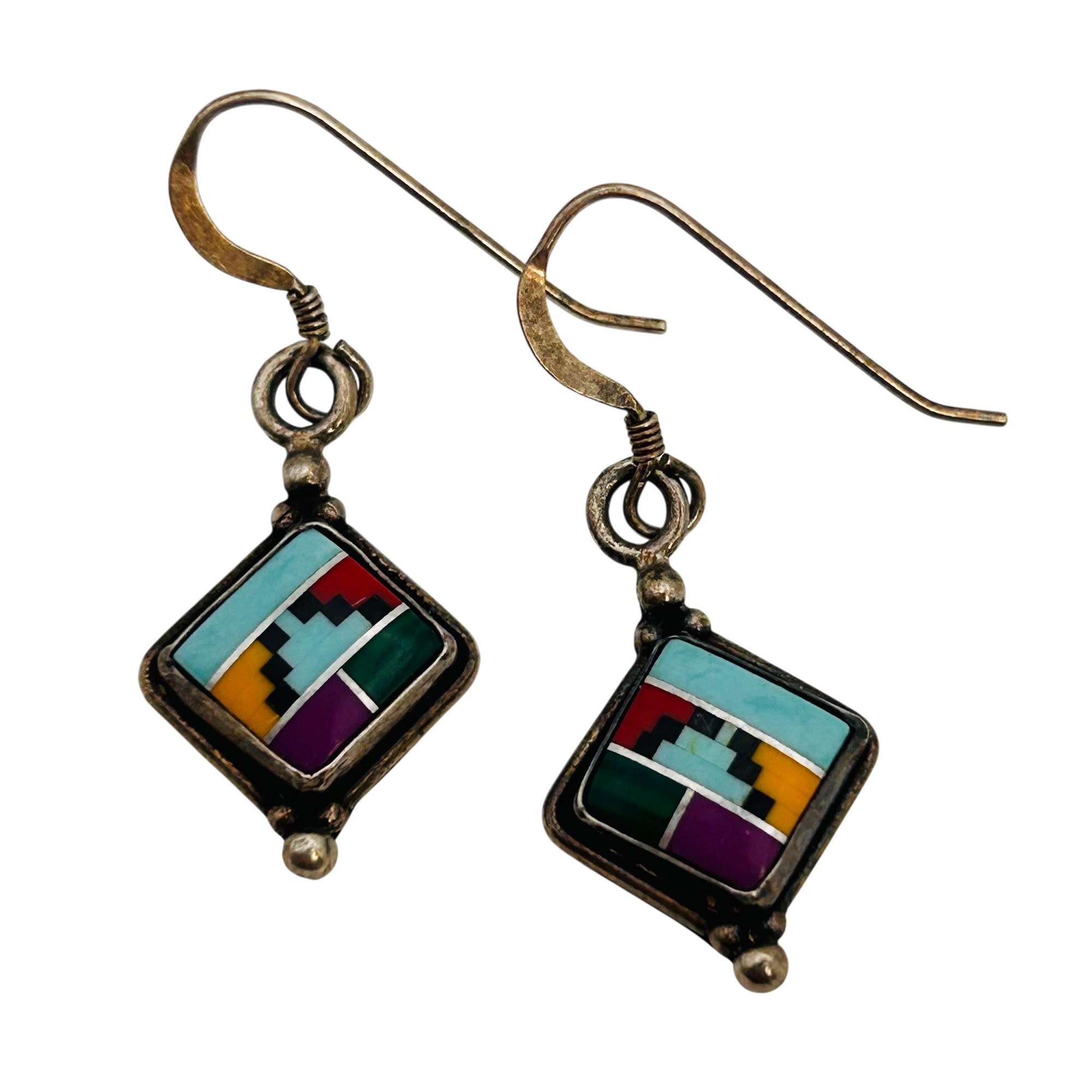 Signed Southwest Sterling Inlay Multi-stone Earrings