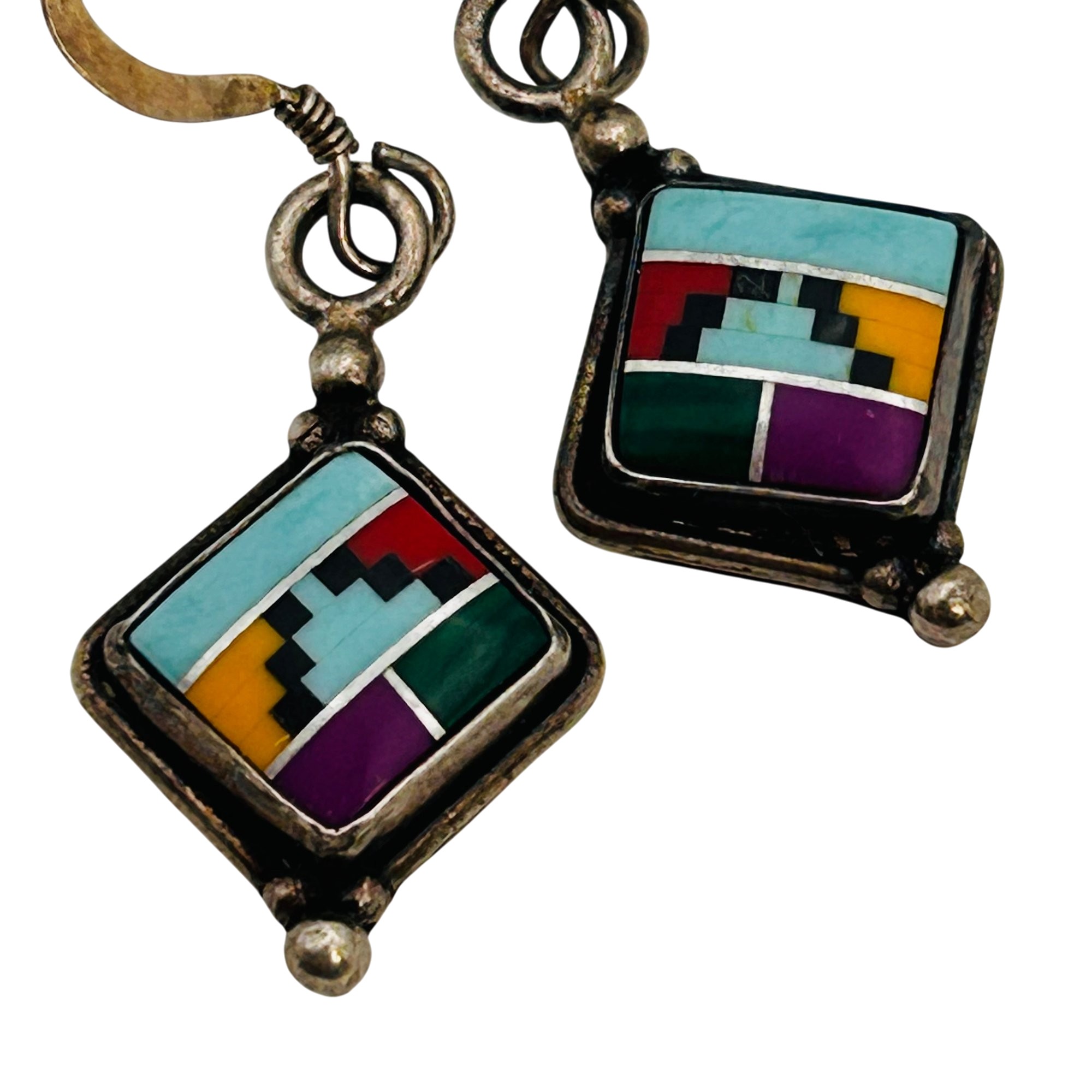 Signed Southwest Sterling Inlay Multi-stone Earrings