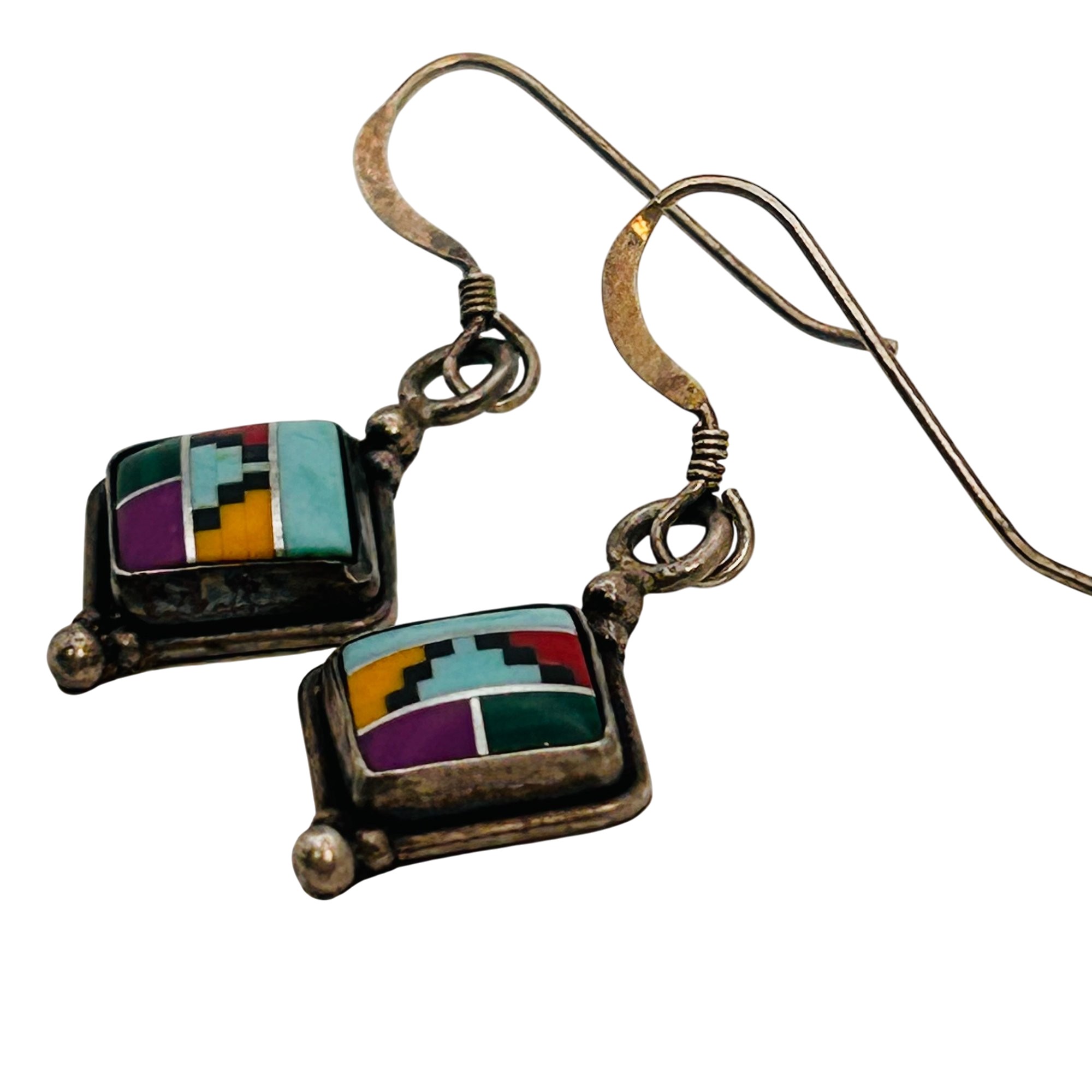 Signed Southwest Sterling Inlay Multi-stone Earrings