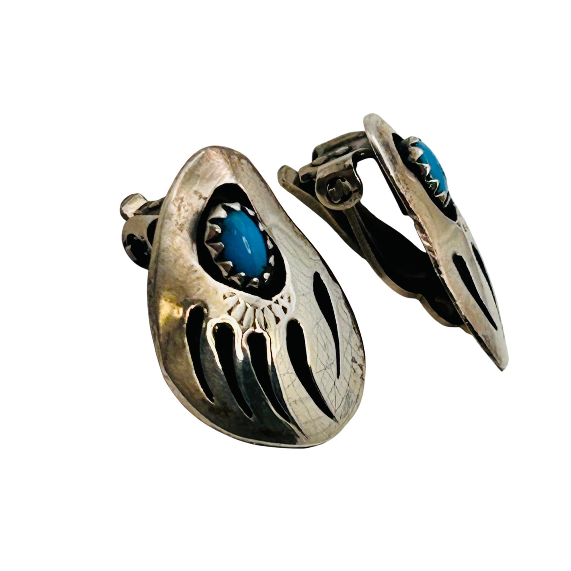 Navajo Sterling Bear Claw Turquoise Earrings