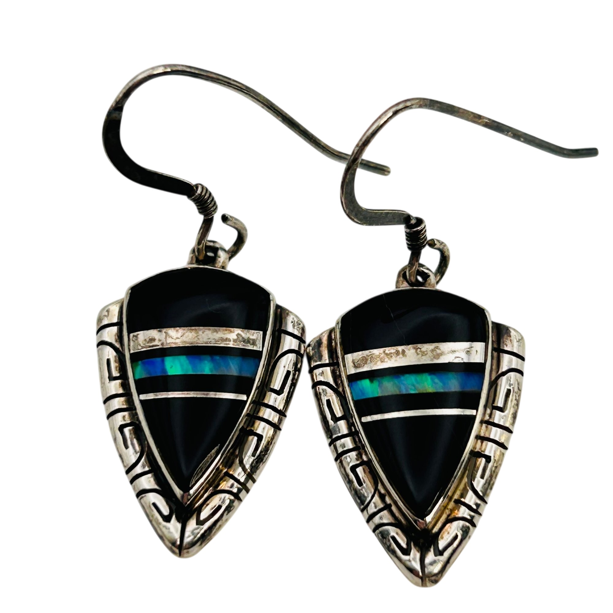 Southwest Sterling Inlay Opal And Onyx Earrings