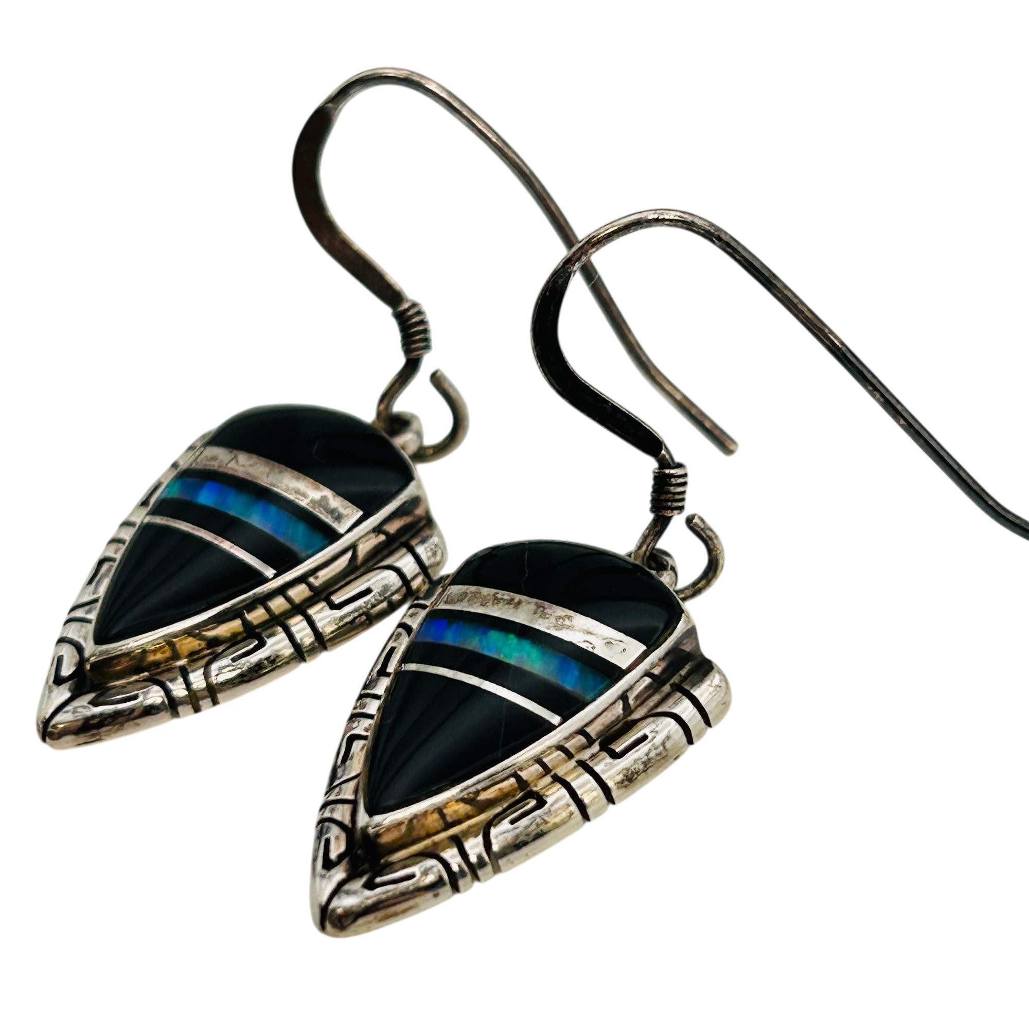 Southwest Sterling Inlay Opal And Onyx Earrings
