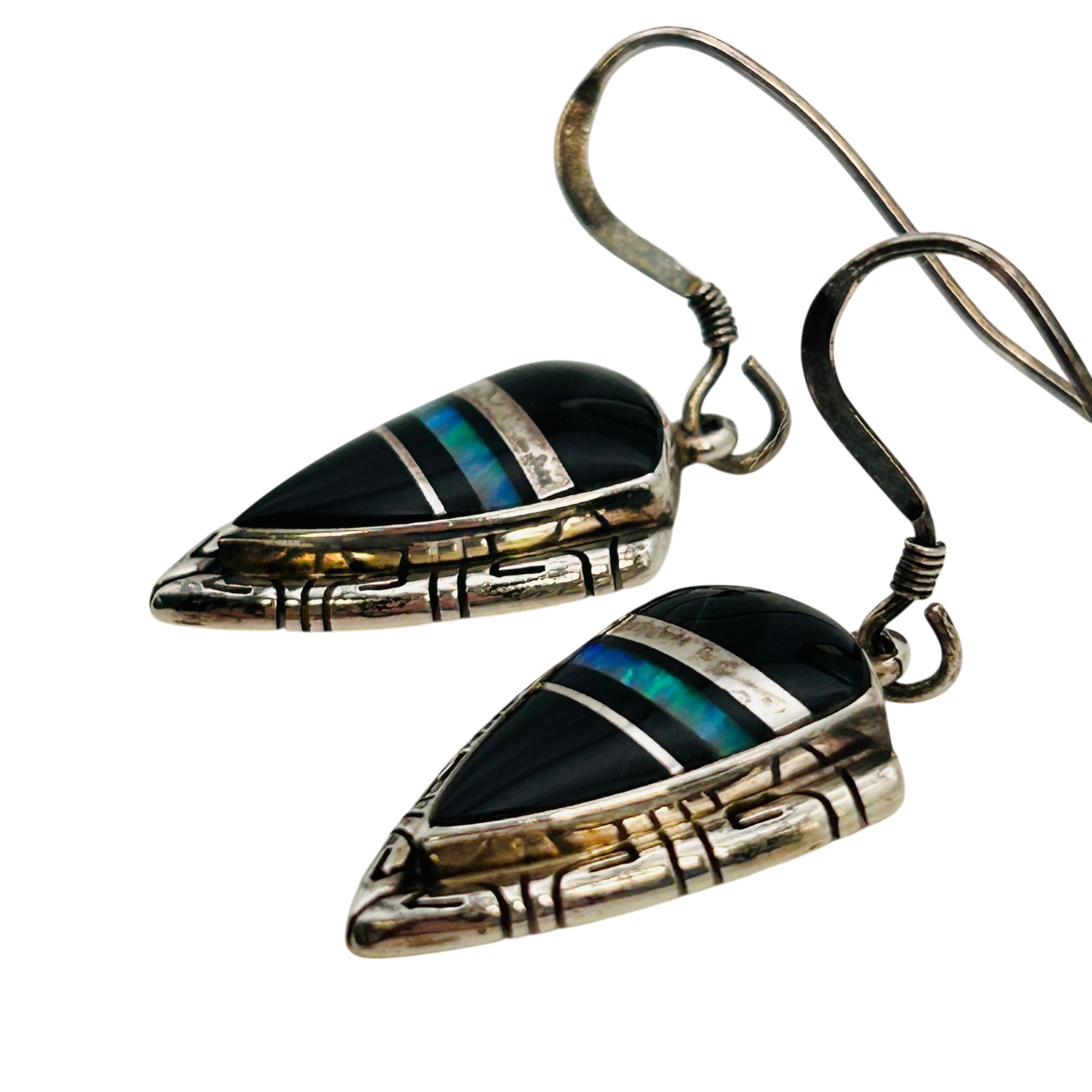Southwest Sterling Inlay Opal And Onyx Earrings