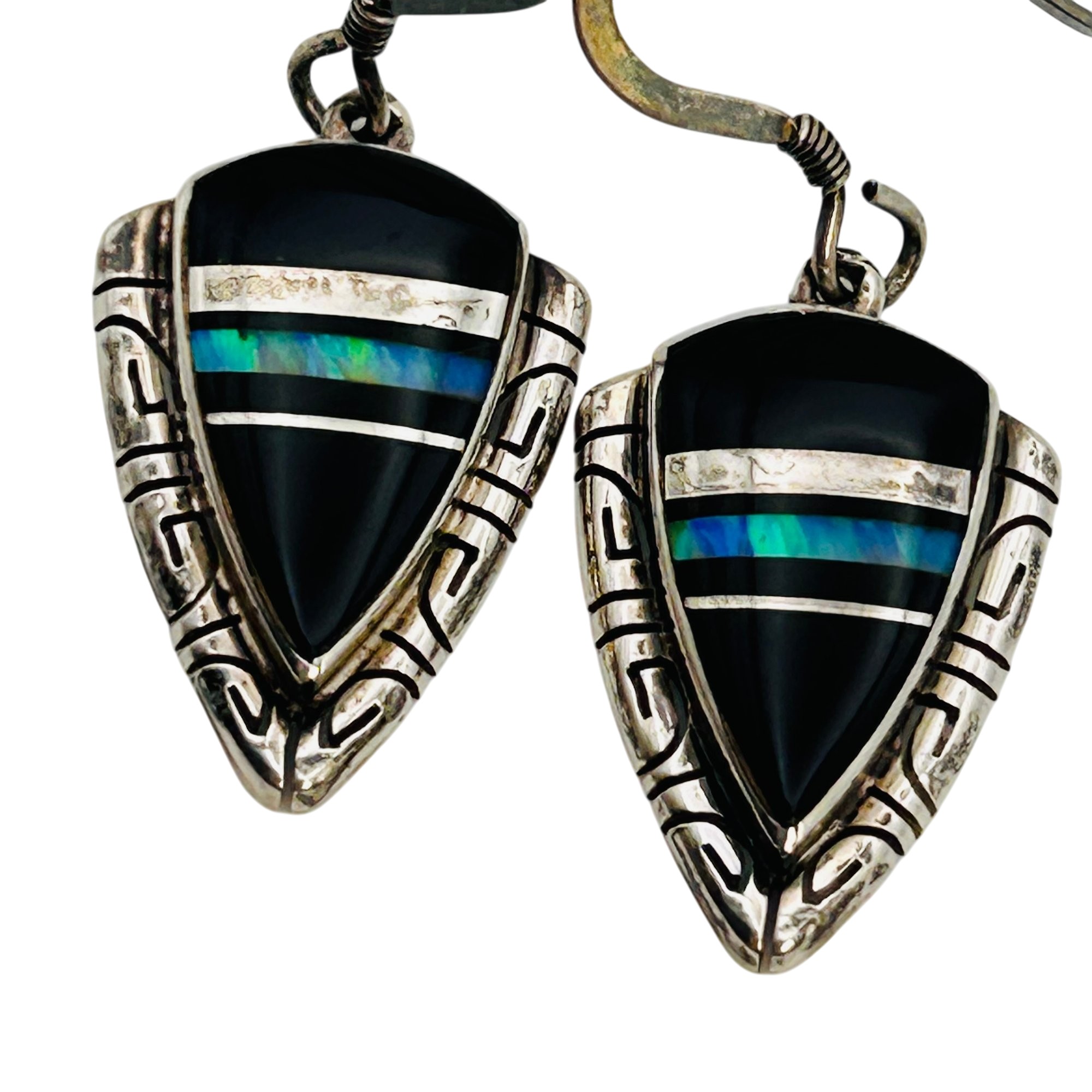 Southwest Sterling Inlay Opal And Onyx Earrings
