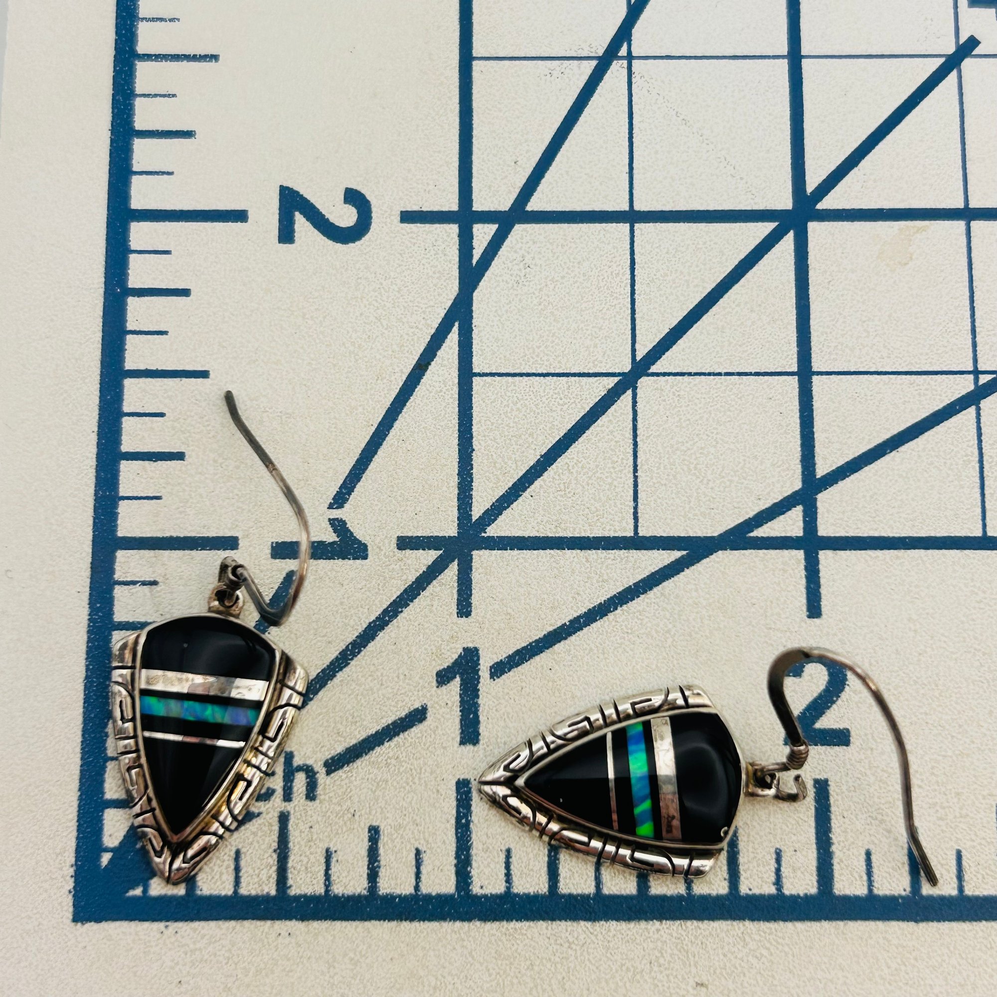 Southwest Sterling Inlay Opal And Onyx Earrings