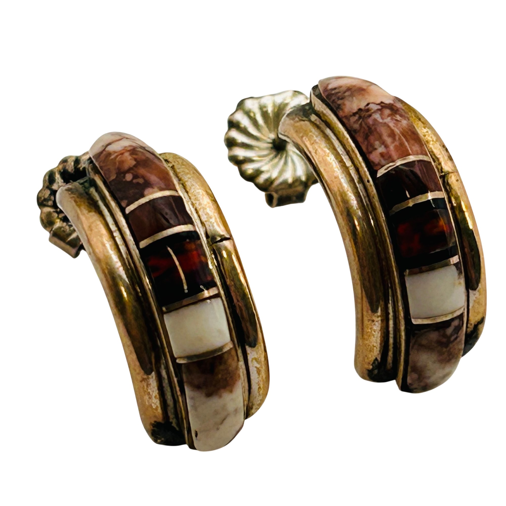 Signed Native Sterling Multi-Stone Half Hoop Earrings
