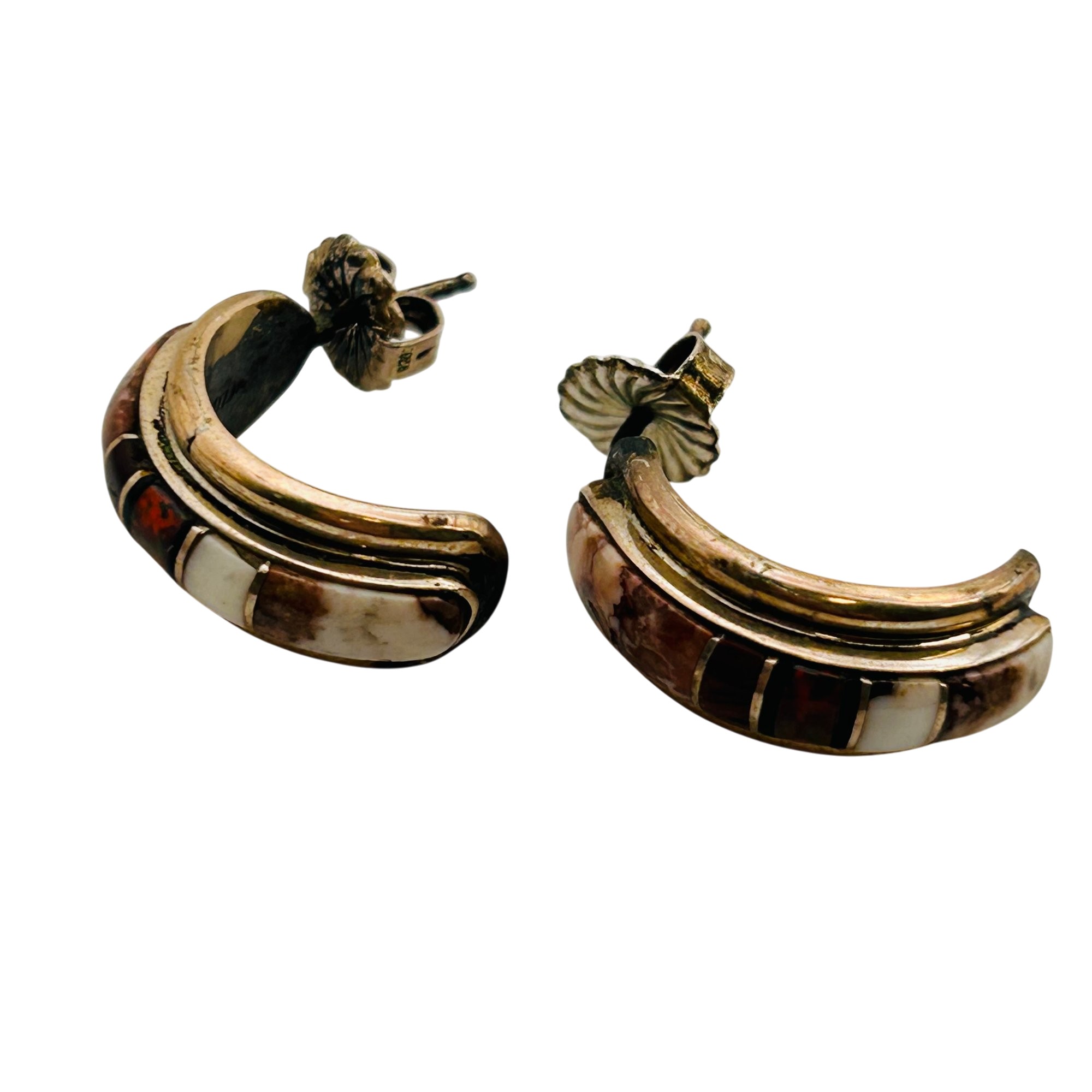 Signed Native Sterling Multi-Stone Half Hoop Earrings