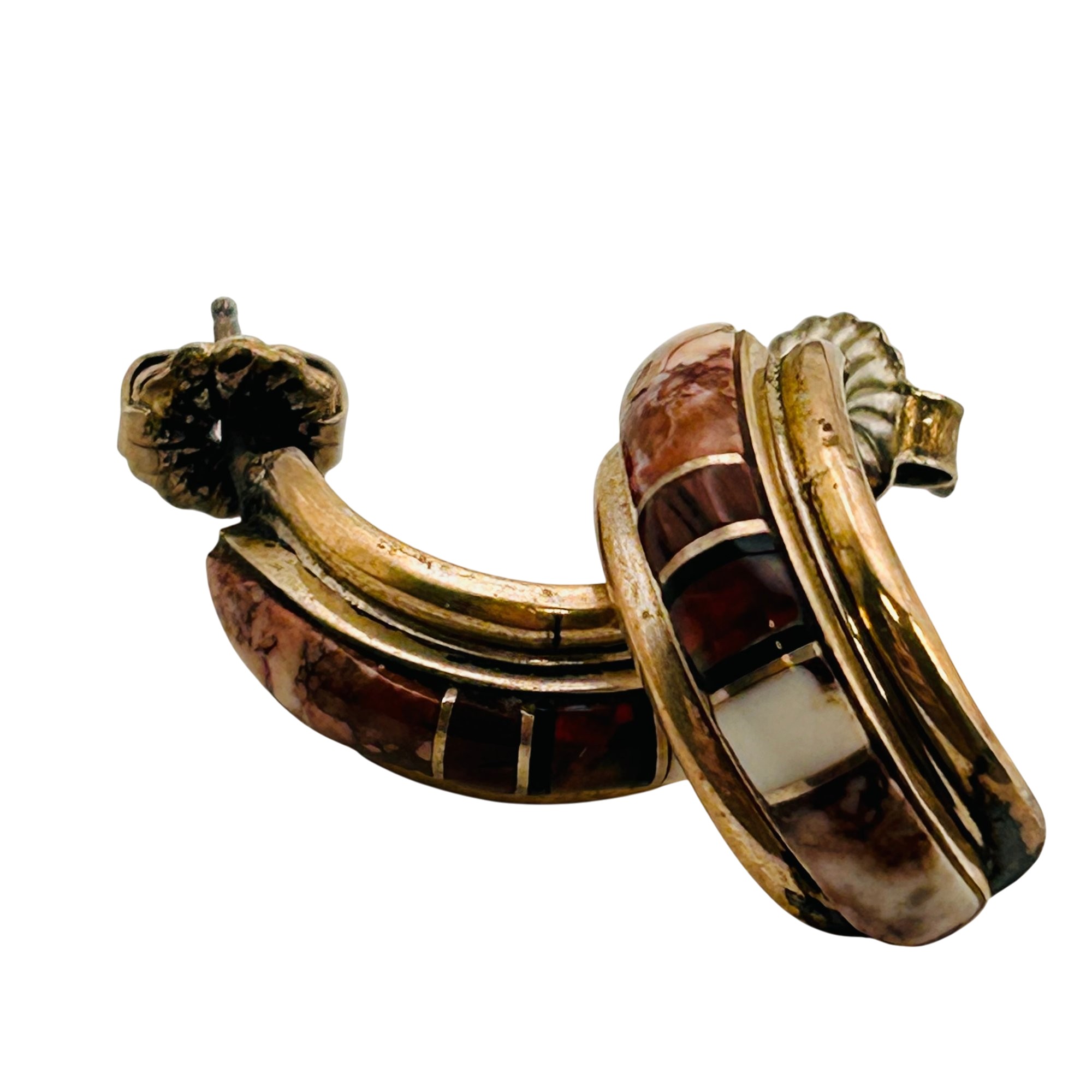 Signed Native Sterling Multi-Stone Half Hoop Earrings