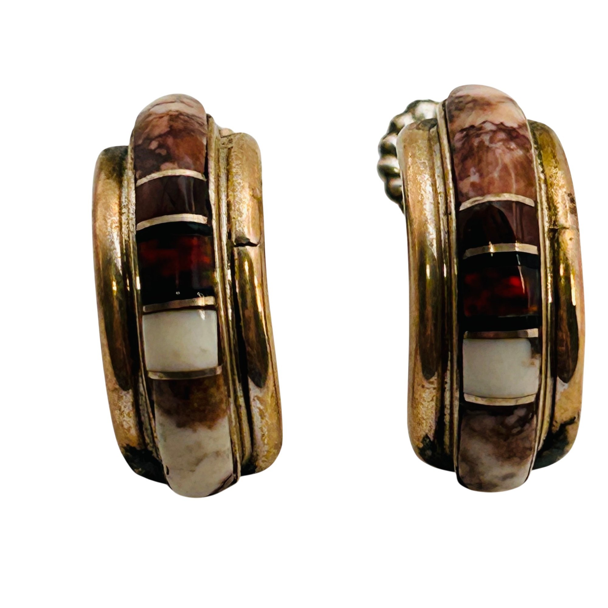 Signed Native Sterling Multi-Stone Half Hoop Earrings