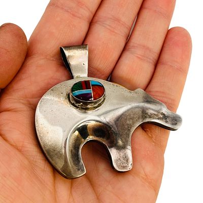 Signed Navajo Sterling Puffy Bear Multi-Stone Pendant. Signed C Navajo sterling bear inlay stone 