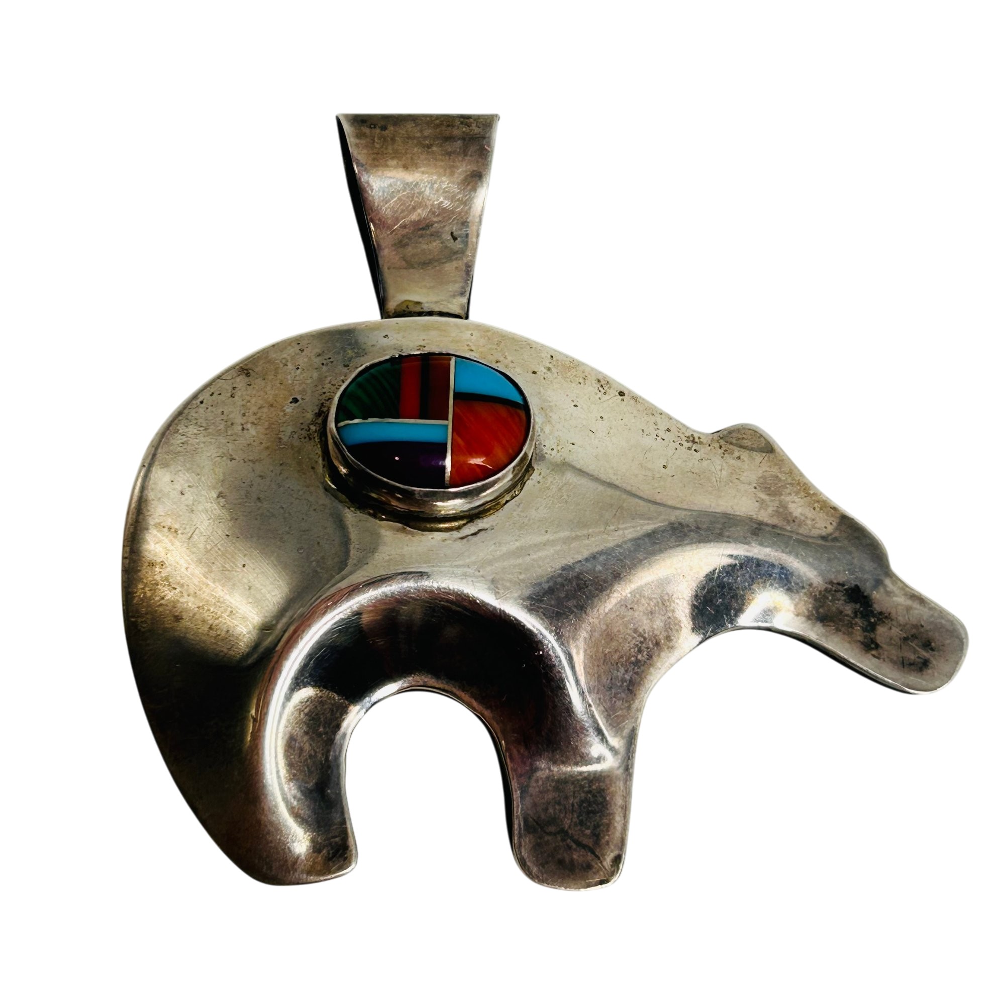 Signed Navajo Sterling Puffy Bear Multi-Stone Pendant