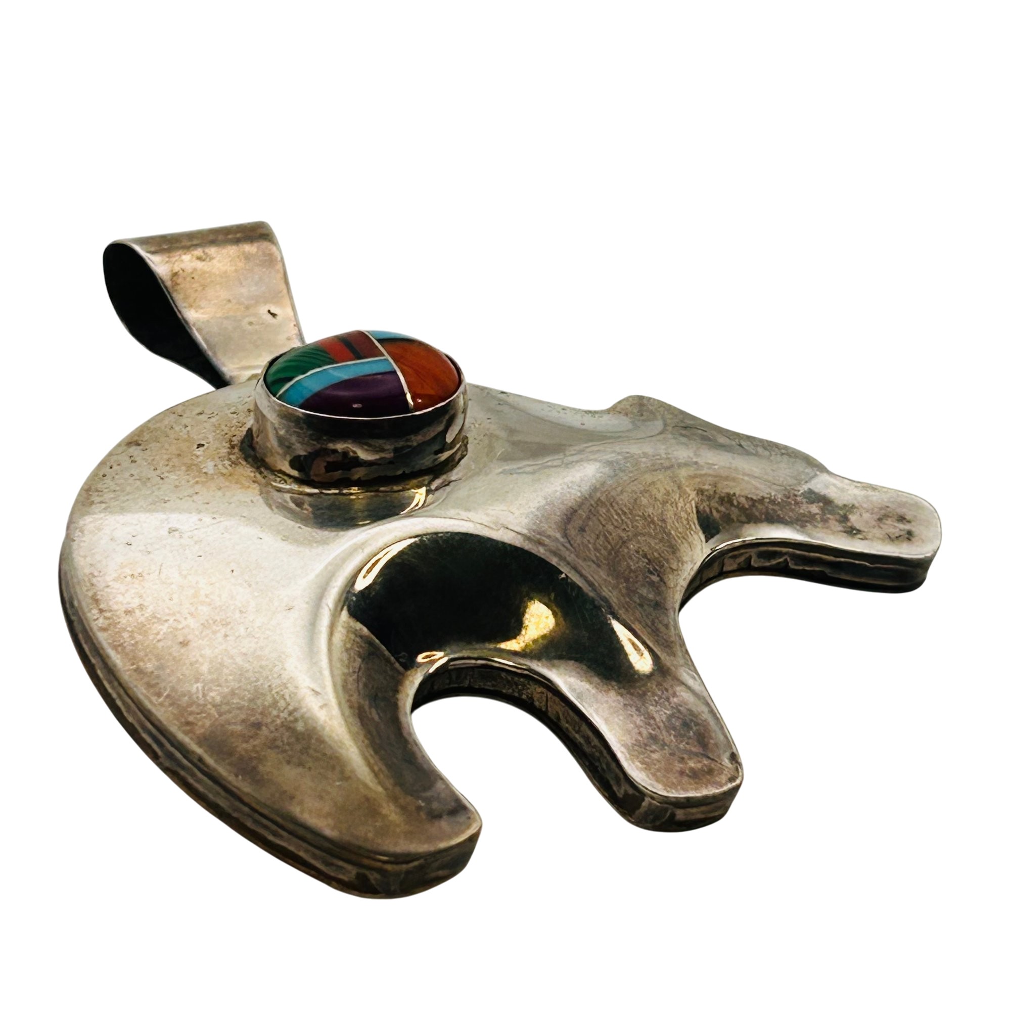 Signed Navajo Sterling Puffy Bear Multi-Stone Pendant