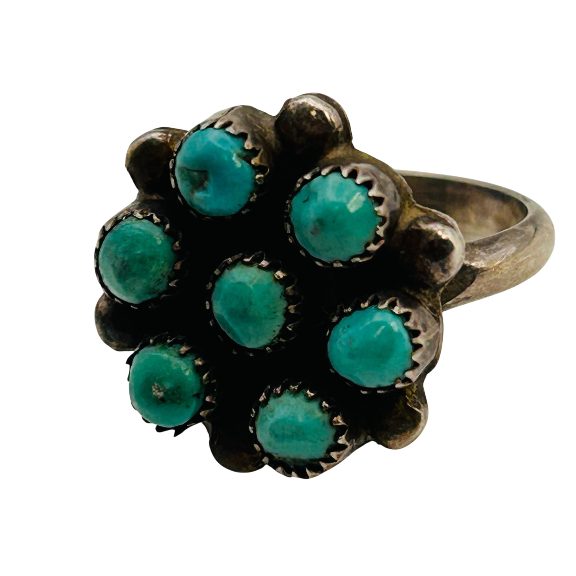 Native Sterling Turquoise Cluster Ring Sz 4