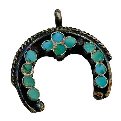 Vintage Zuni Sterling Turquoise Naja Pendant. vintage Zuni sterling inlay turquoise Naja pendant 3.9g