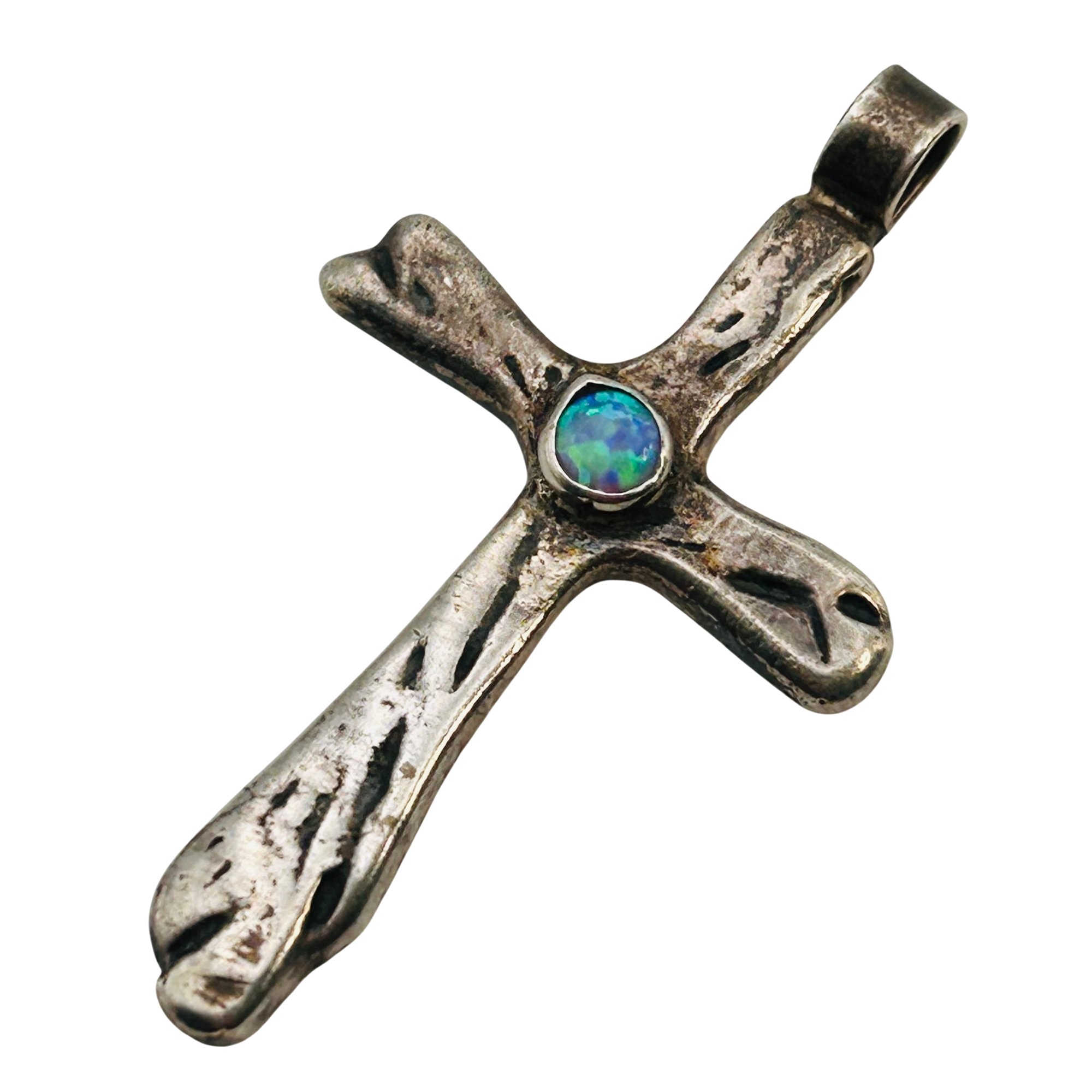 Signed Navajo Sterling Opal Cross Pendant