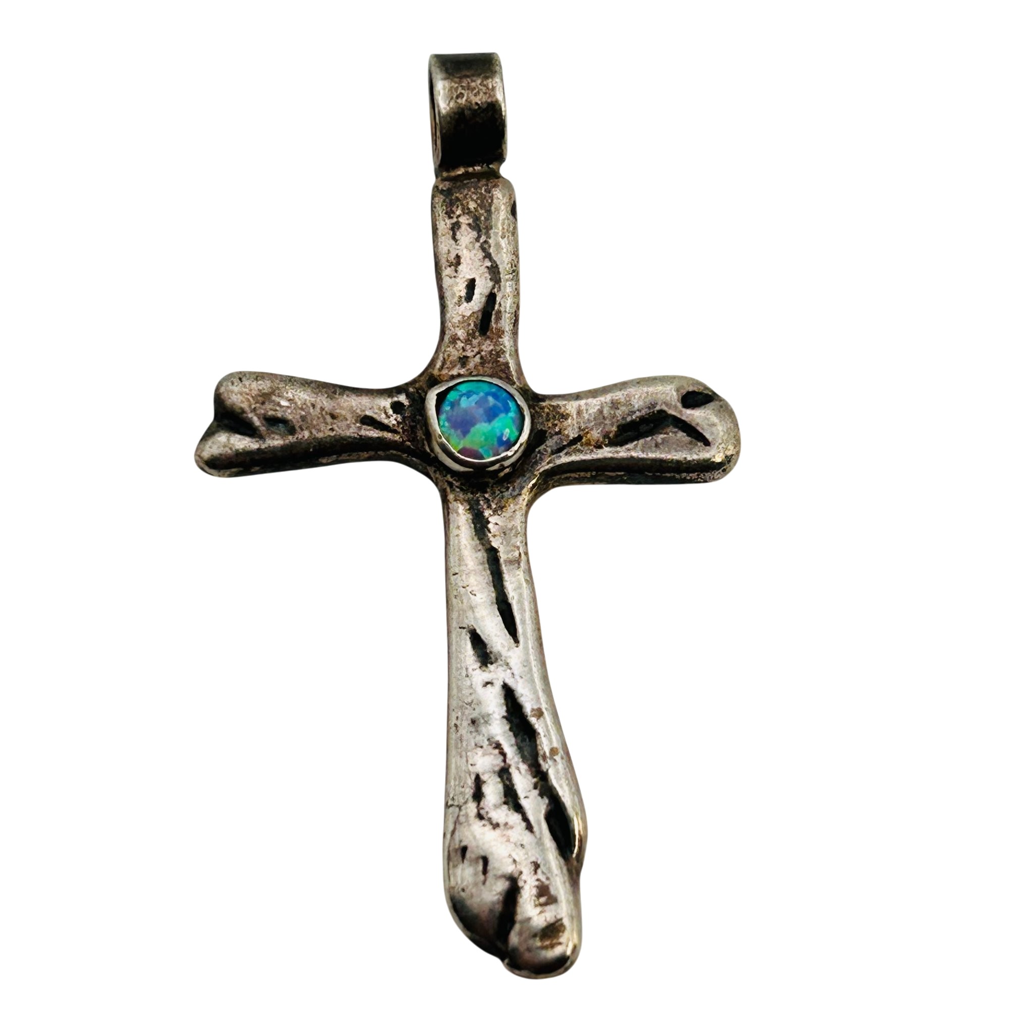 Signed Navajo Sterling Opal Cross Pendant