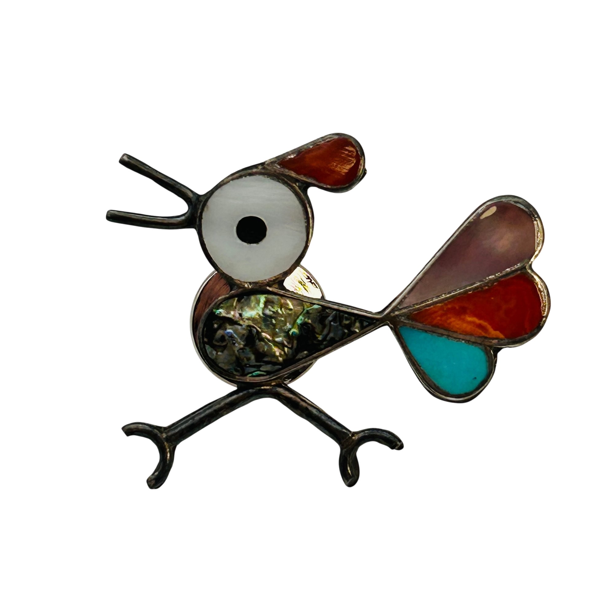 Zuni Sterling Inlay Stone Roadrunner Pin