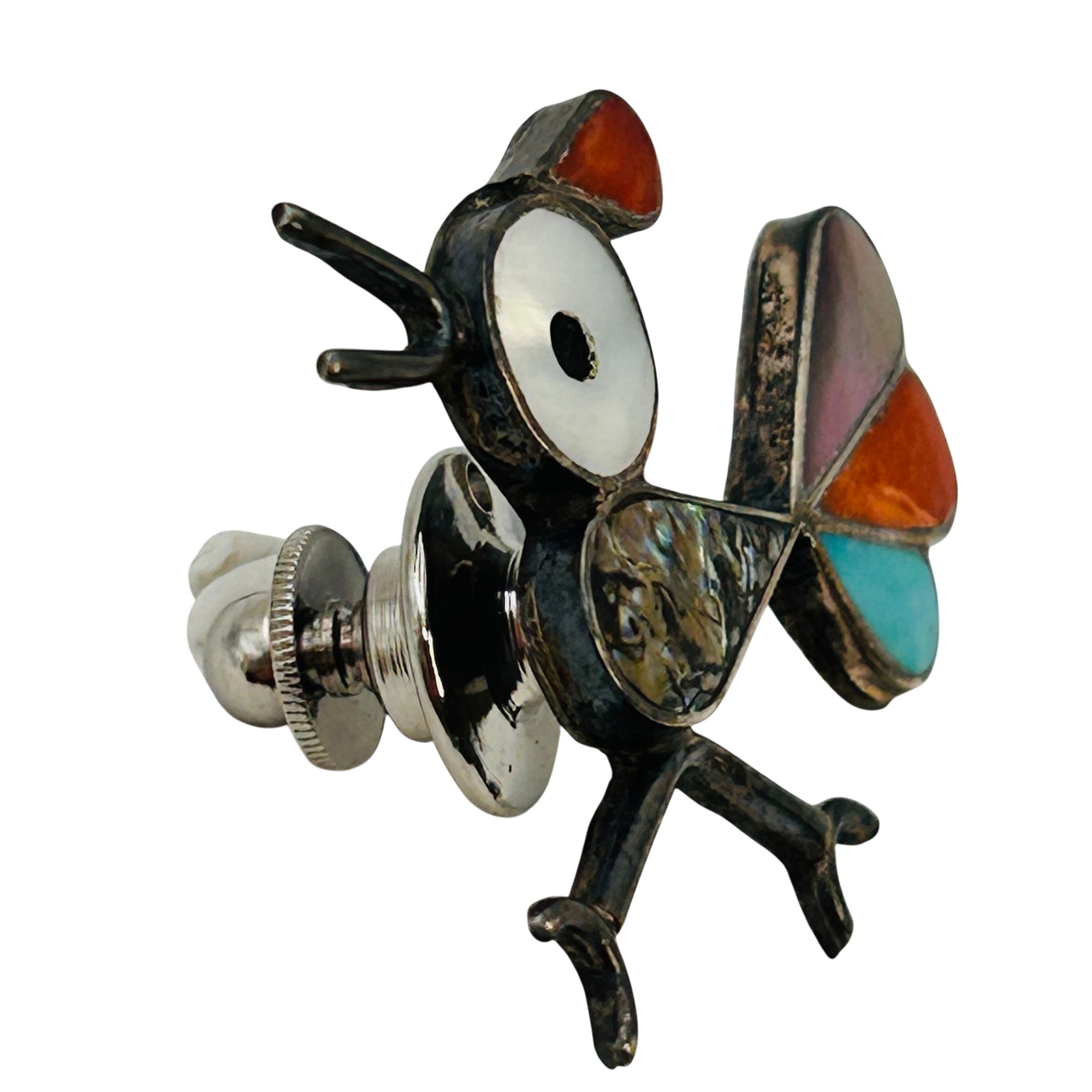 Zuni Sterling Inlay Stone Roadrunner Pin