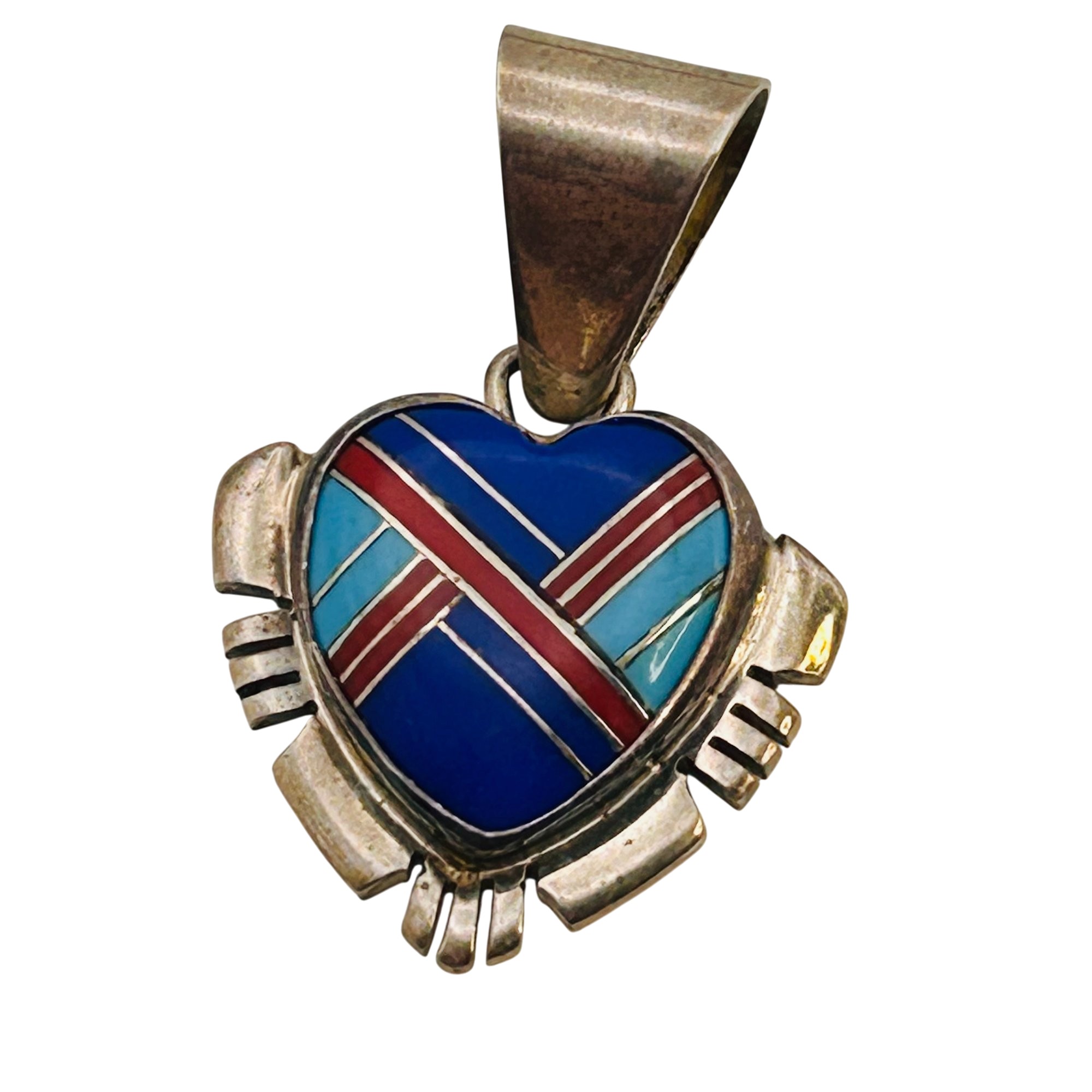 Signed Native Sterling Inlay Stone Heart Pendant