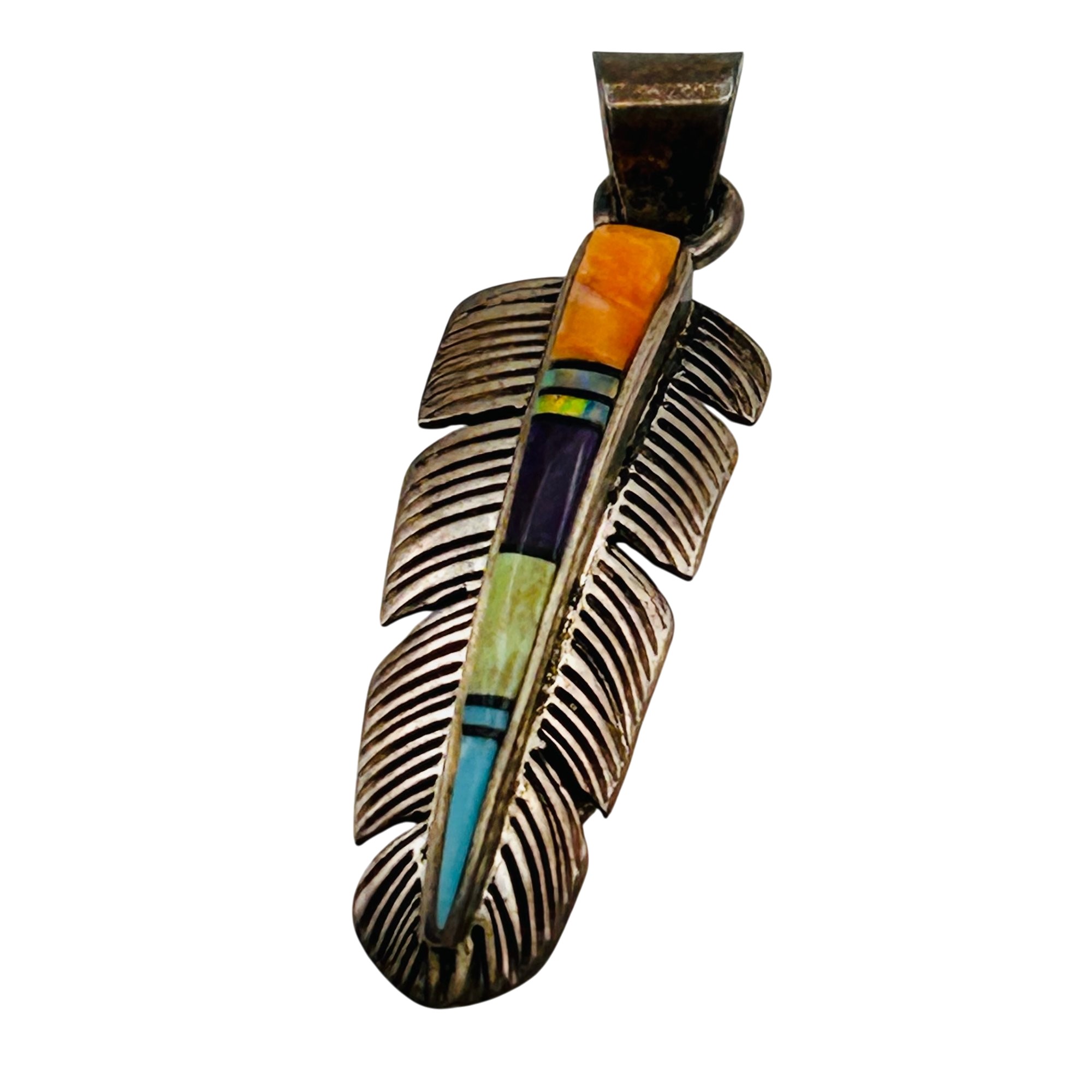 Southwest Sterling Feather Inlay Multi-Stone Pendant