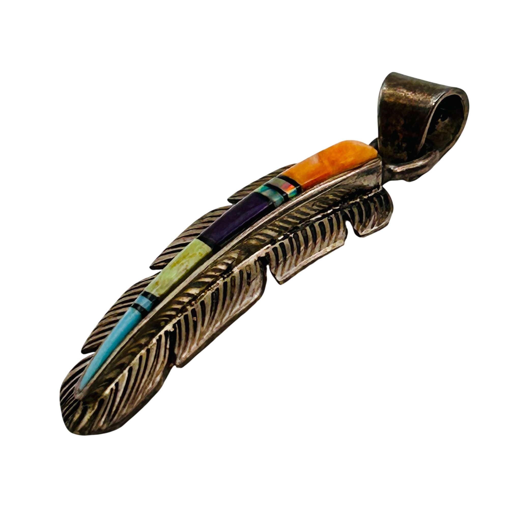 Southwest Sterling Feather Inlay Multi-Stone Pendant