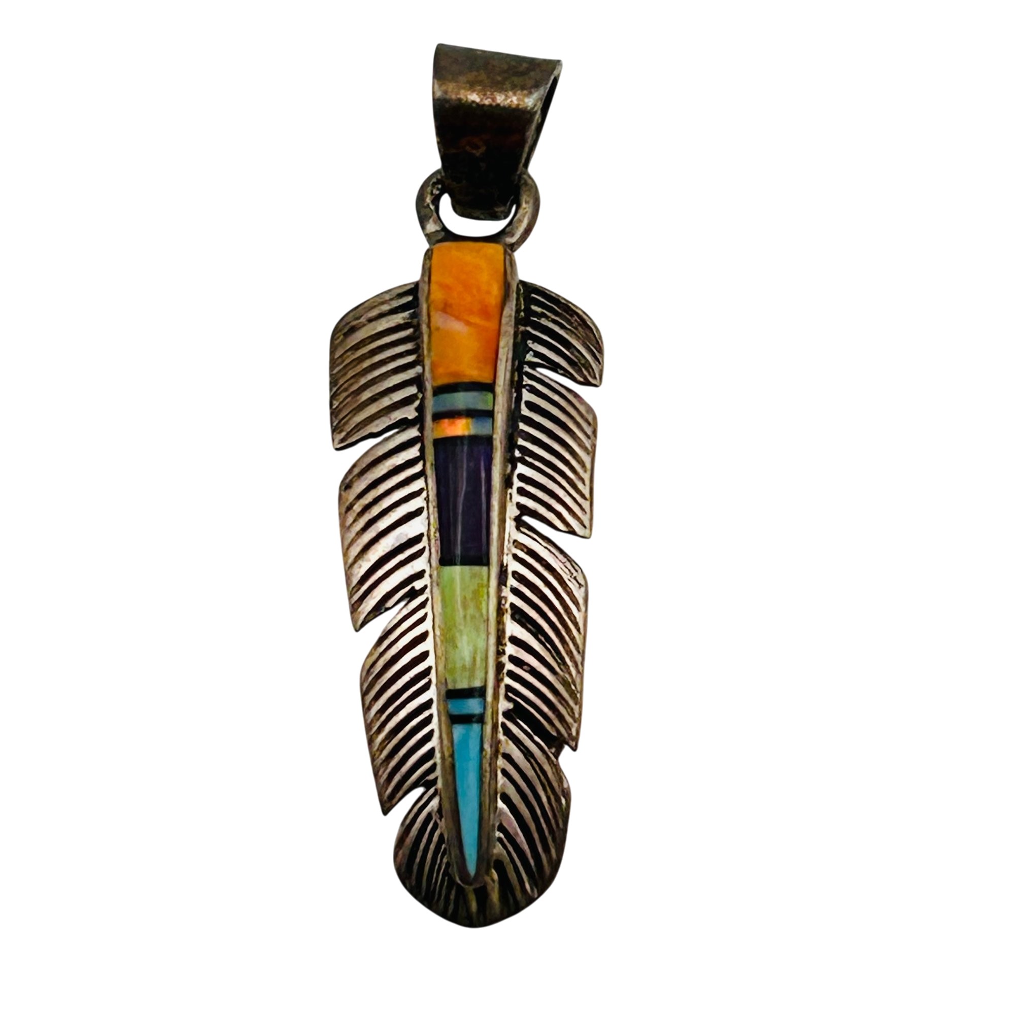 Southwest Sterling Feather Inlay Multi-Stone Pendant