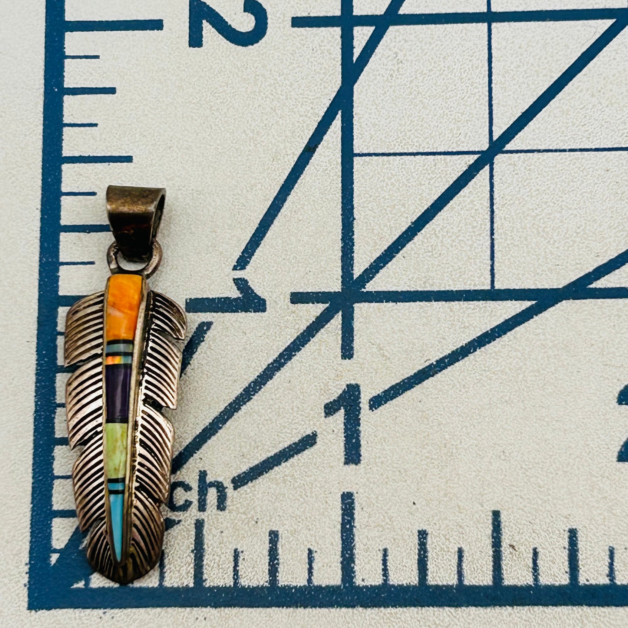 Southwest Sterling Feather Inlay Multi-Stone Pendant