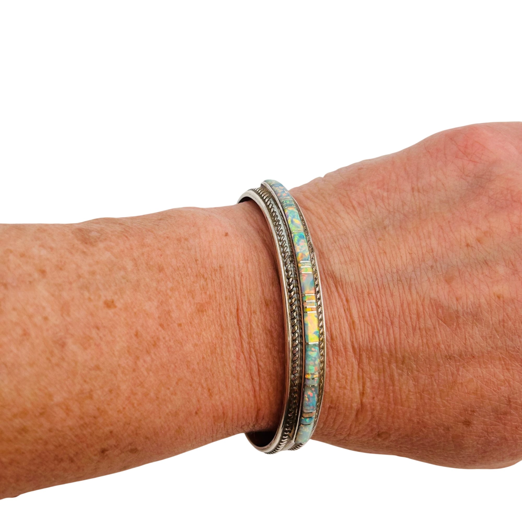 Signed Navajo Sterling Opal Cuff Bracelet