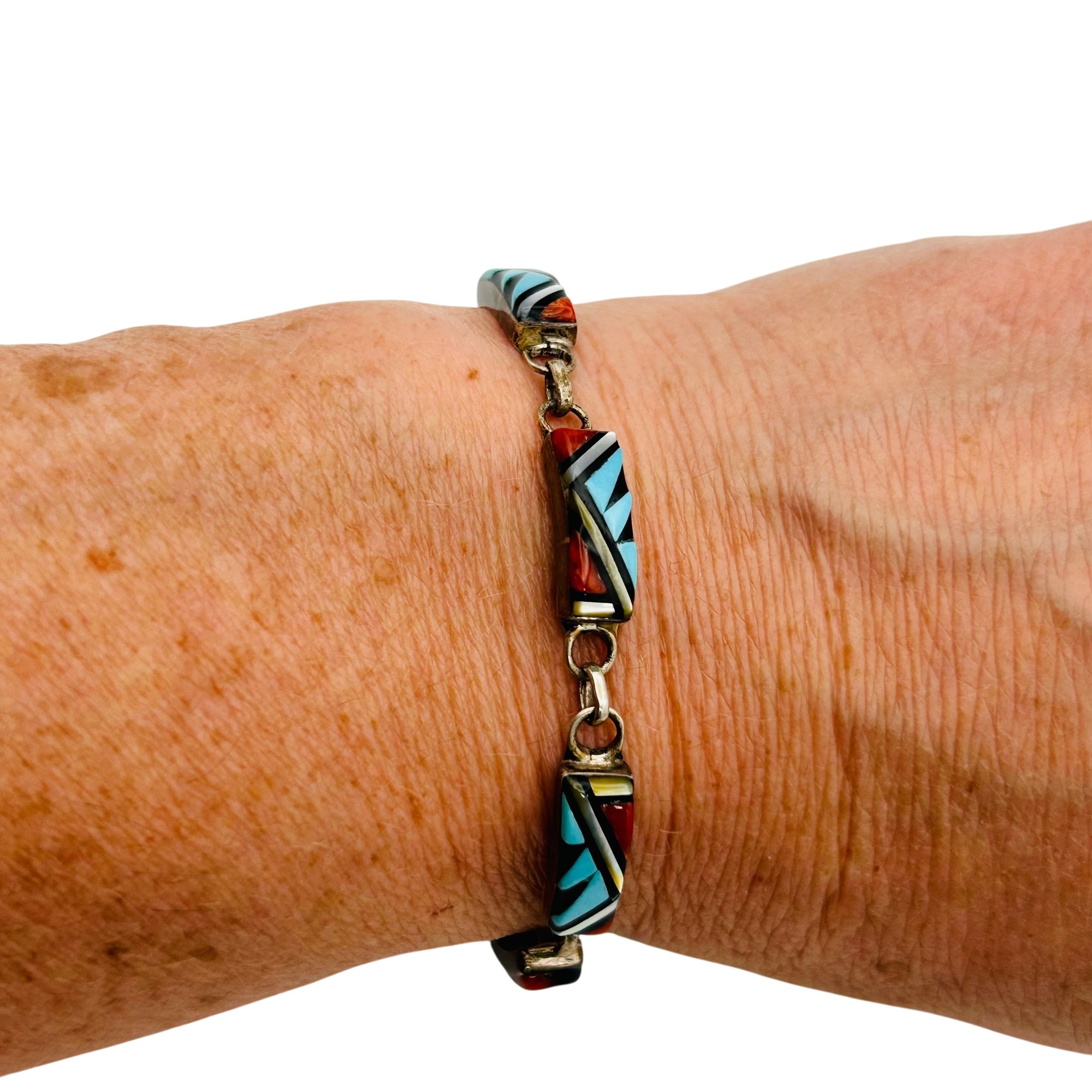Vintage Signed Zuni Sterling Multi-Stone Bracelet