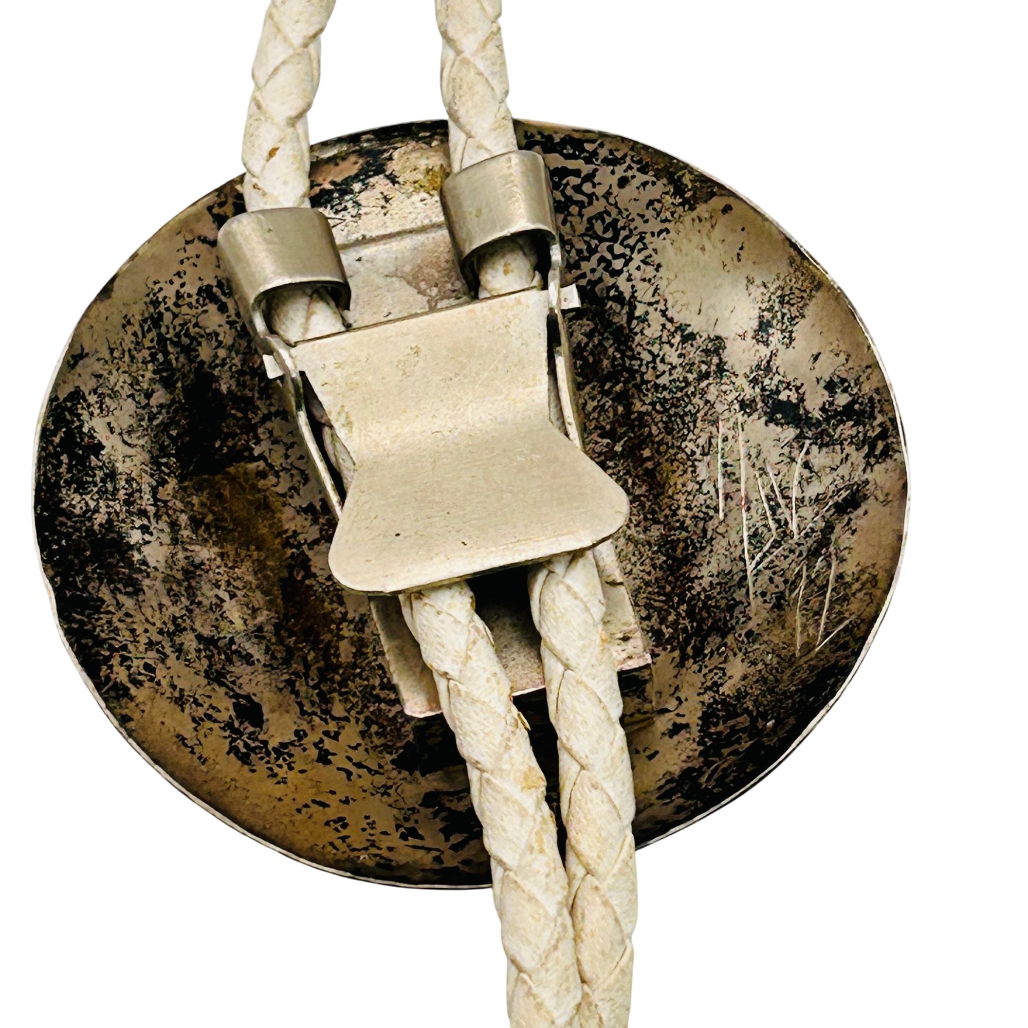 Signed Native Sterling Hammered Medallion Bolo Tie