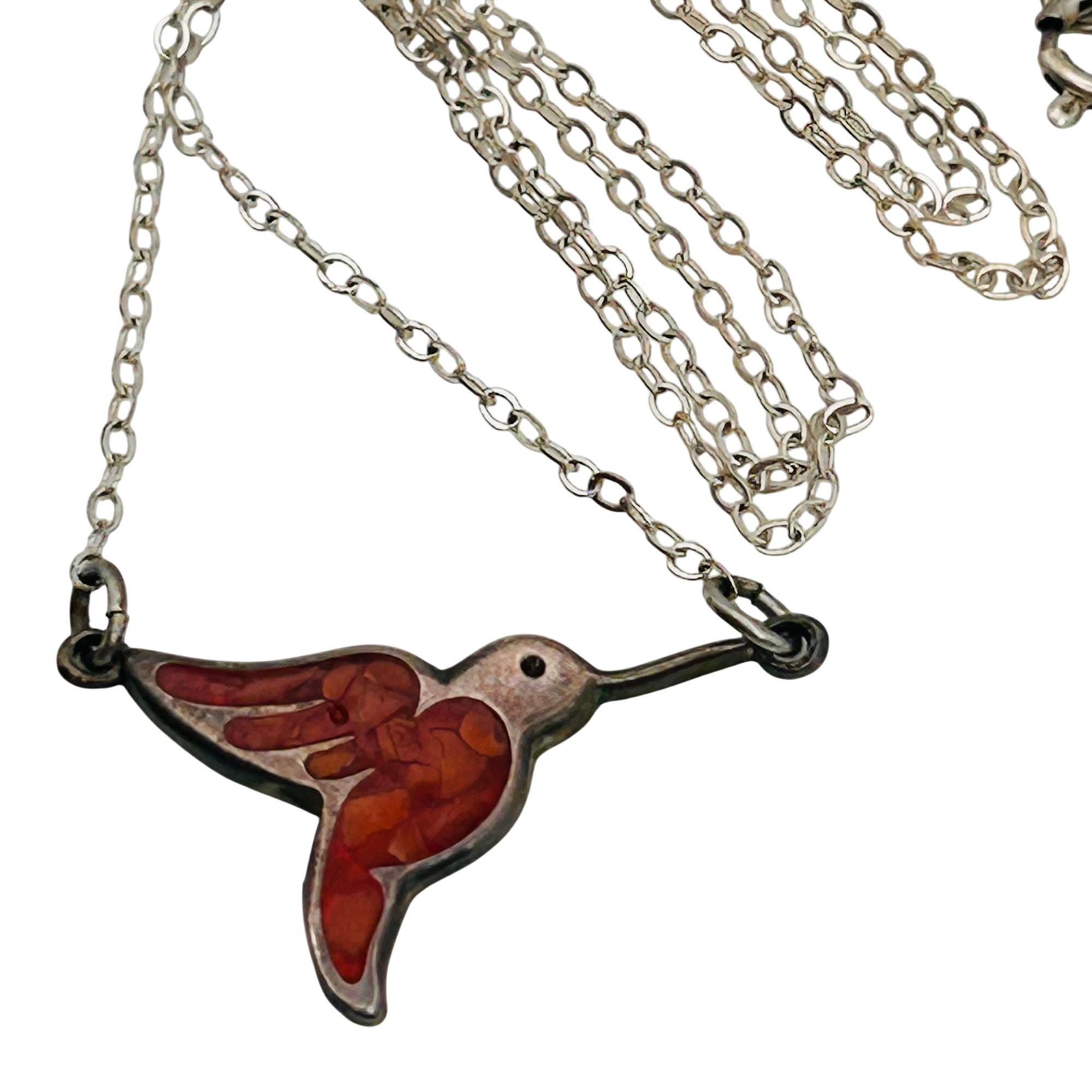 Southwest Sterling Crushed Coral Hummingbird Necklace